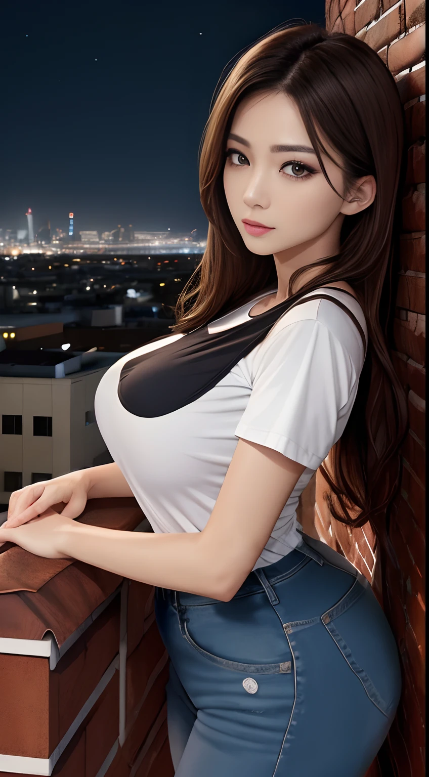 ((Midnight, Best quality, 8k, Masterpiece :1.3)), Whole body, Long legs, Sharp focus :1.2, A pretty woman with perfect figure :1.4, Slender abs :1.1, ((Dark brown hair, Big breasts :1.2)), (White tight tshirt, Jean bib, Standing:1.2), ((Night city view, Rooftop:1.3)), Highly detailed face and skin texture, Detailed eyes, Double eyelid