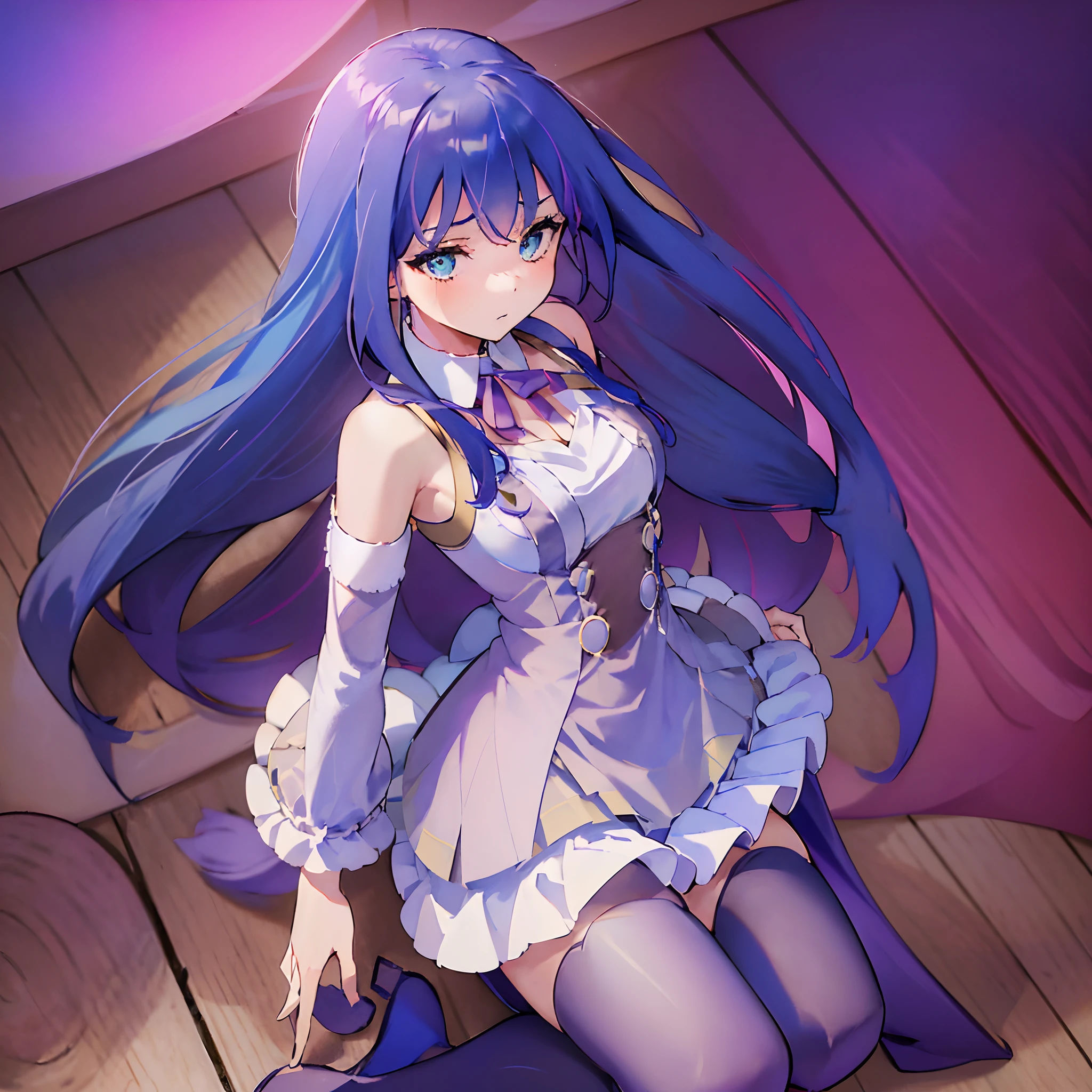 (1 girl, solo, azure hair with violet fringes, loose long hair, white kneehighs, very large breasts, exposed butt, sweetheart neck, oversized blouse), see-through clothes, blush, bedroom, (kneeling on the pavement, back facing the viewer, shoulder look)