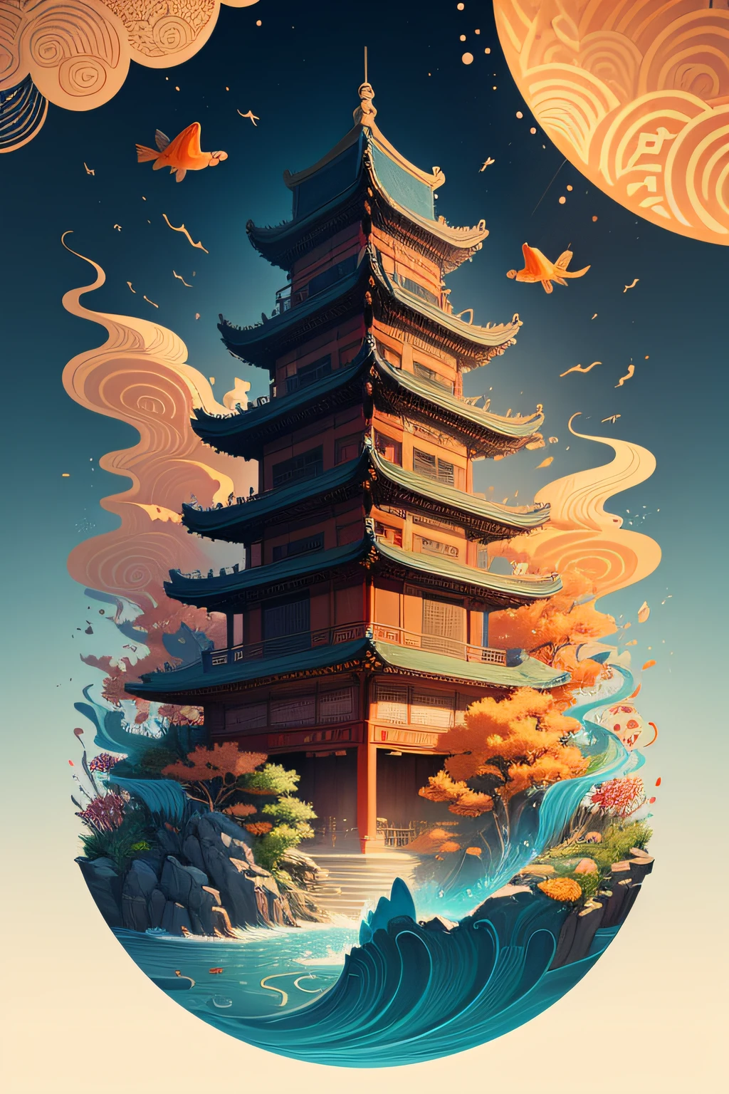 illustration poster design, graphic design, beautiful ancient Chinese architecture, auspicious clouds, goldfish, exaggerated waves, flowers, water flow, abstract illustration, edge light, dream, fantasy, fireworks, vector line illustration, surrealism
