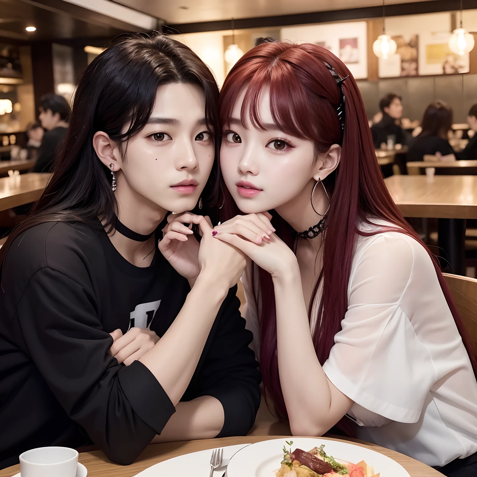 Couple sitting at a table in a restaurant hugging, they are in love, jungkook do BTS e Park Roseane do Blackpink, Ambos tem cabelo preto, casal atraente e sedutor, tatuagens e piercings, ia realista, rosto realista