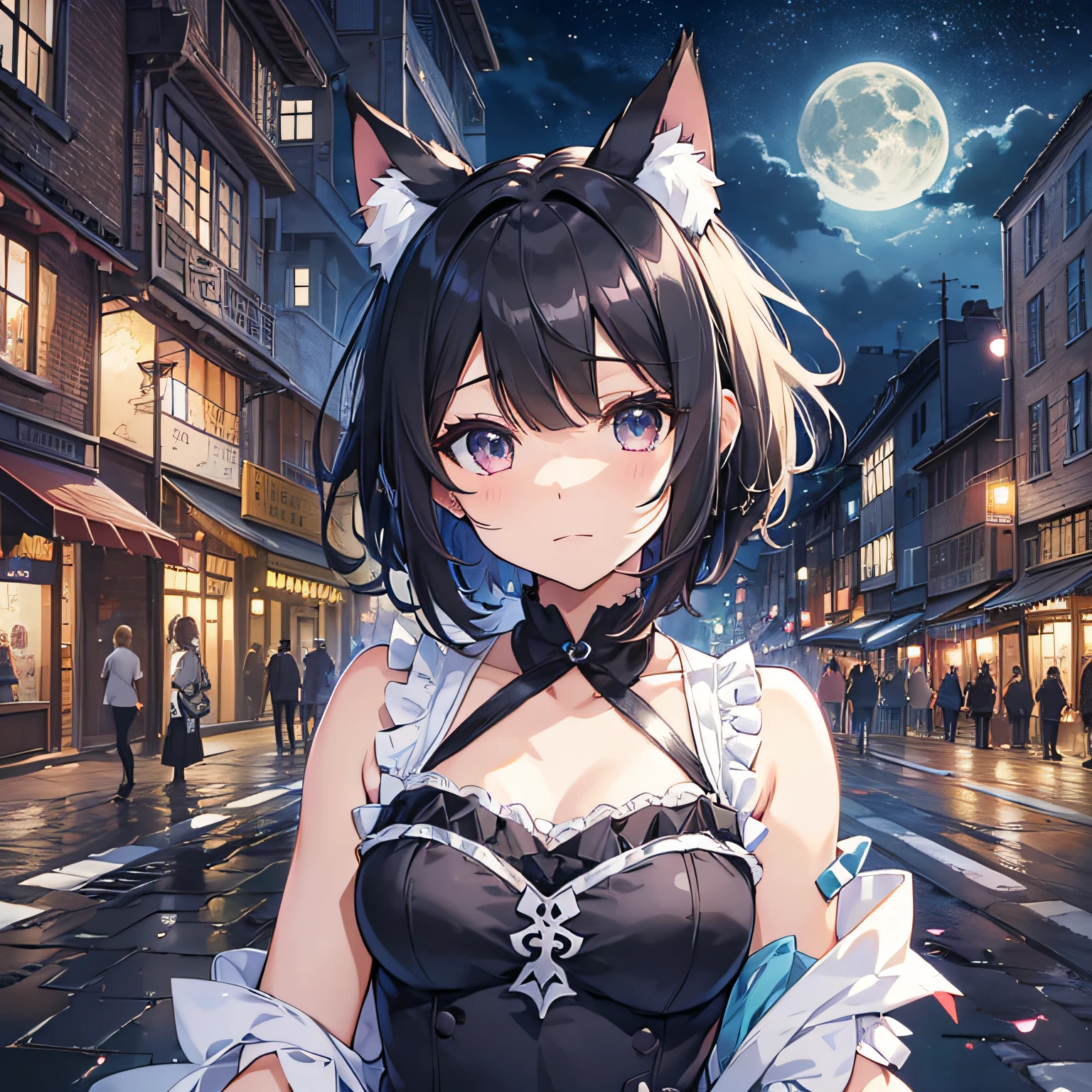 (The highest quality、8K、masutepiece)) ((( White atelier sleeveless))) (((Black short hair )))++ cat ear, Anime characters with black hair and dark eyes、anime visual of a young woman、today's featured anime still、Official Art、Animated videos of cute girls、Popular Isekai anime、tsuaii、Marisa Drizzle、animated film、During the night Moonlit night, Outdoor background, Lateral face