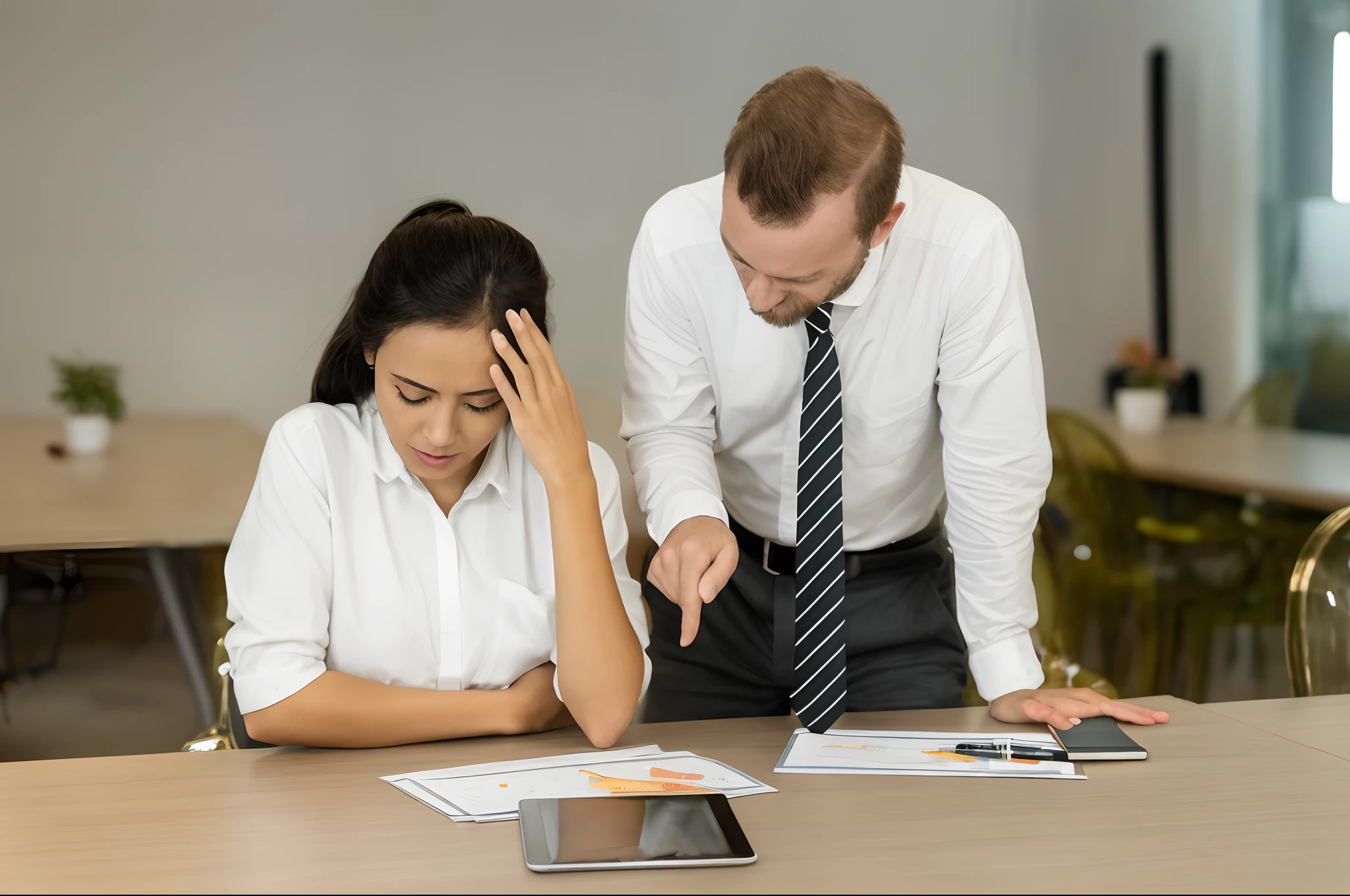 they are two people sitting at a table with papers and a tablet, struggling, the futility of overexertion, professional, adversitement, in the background, controversial, mortified at its existence, frustrated, very powerful, advanced technique, on a dark background, carefully designed, full-figure, looking partly to the left, complaints
