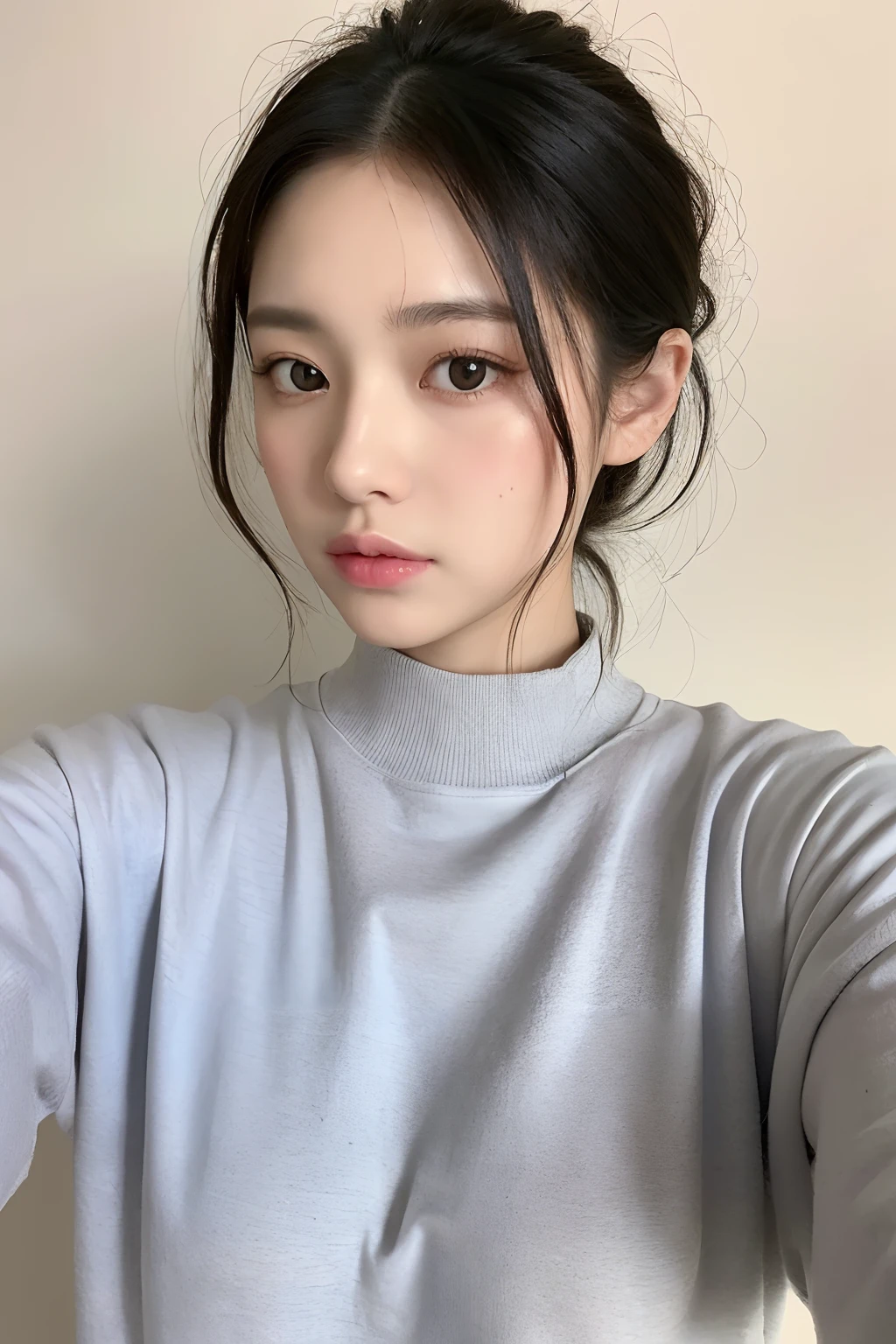 ((Best quality, 8k, Masterpiece :1.3)), 1 adorable girl with full body, youthful, delightful cute face, black hair, hair tied, oversized boyish outfit, aesthetic selfie, ultra-detailed face, extremely perfection, detailed eyes, double eyelid, big doe-eyed, straight nose, long eyelashes, detailed eyelashes, v-shape face, random pose, aesthetic pose, (random aesthetic background)