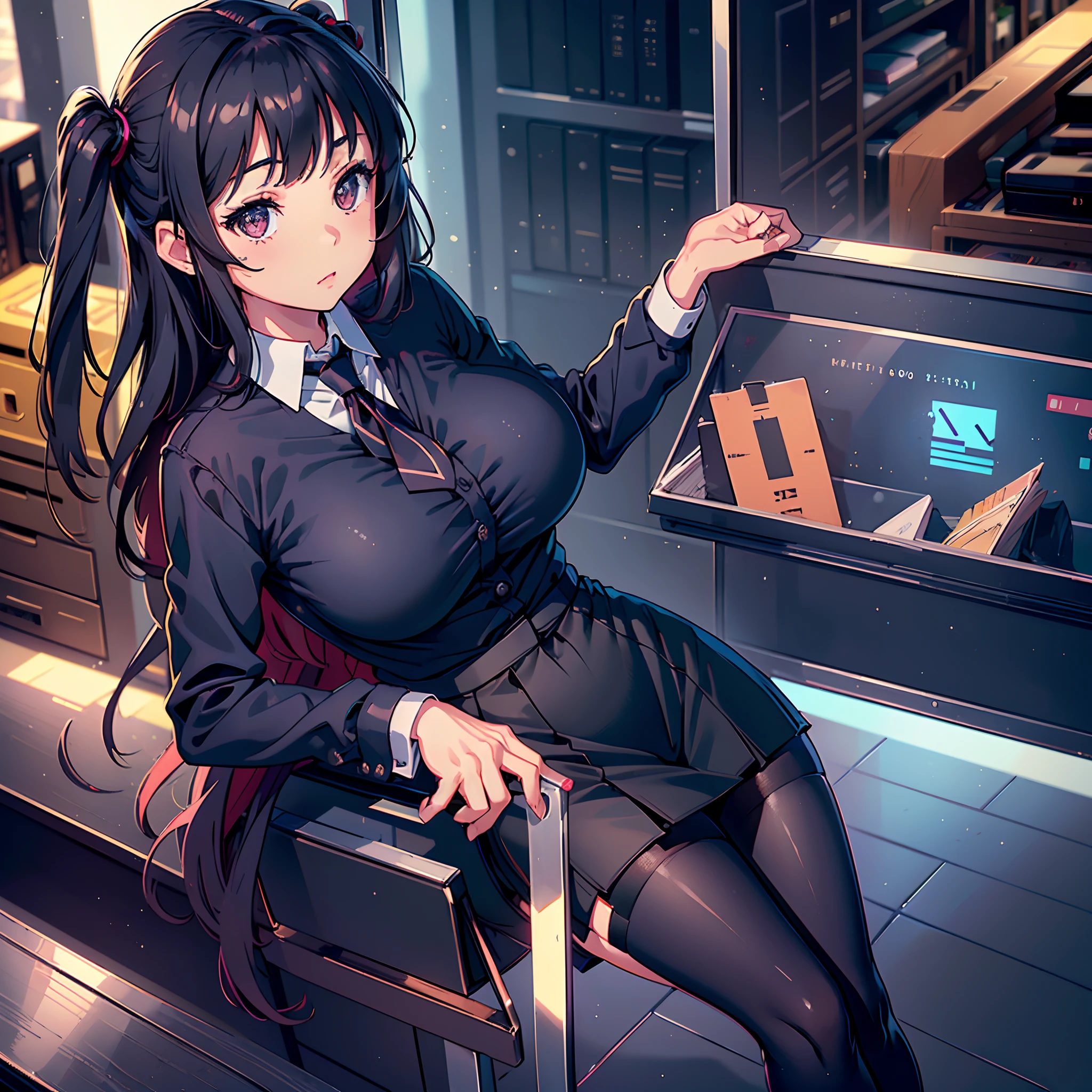 (Best quality, highest resolution, raytracing), (1 girl, solo, young girl, *********** appearance, ****, very large breasts, black office uniform), tight buttoned shirt with loose buttons, neck tie, pencil skirt, (realistic black tights)