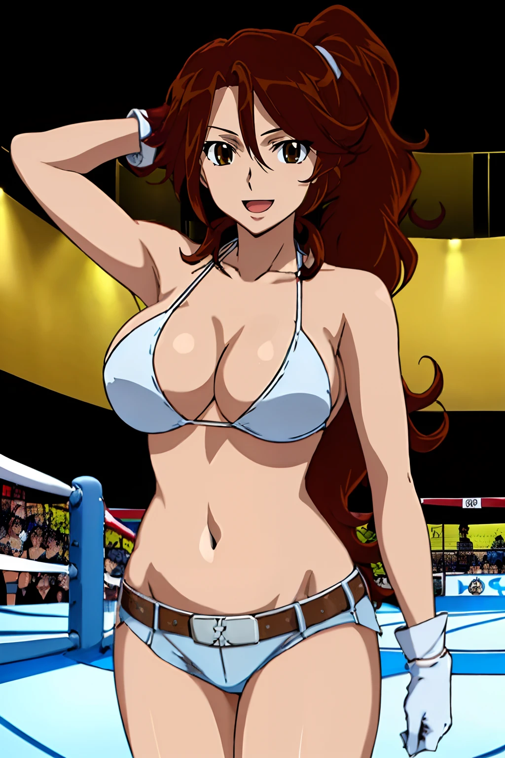 hands behind head, nice body, , anime style: 1.8, anime drawing, ultra detailed face, ultra detailed body, , 4k, Sumergai Lee Noriega, (standing), best quality, anime style, hires, highest definition, digital blending, bold drawing lines, ((slim waist, female wrestler), (location: wrestling arena, crowds watching), ( (fit), athletic , little biceps, thighs, off-shoulders, (curvy: 6.8), lighting, spot lights, very shiny skin), ((string ??????, shorts, groin, , white gloves, collar, belt)), victorious, winner, , (very big round ???????, smile, open mouth), (big eyes, brown eyes), (laughing), (brown hair, (long ponytail), curly hair, smile, hair, missy hair), 27 years old, (titling head)