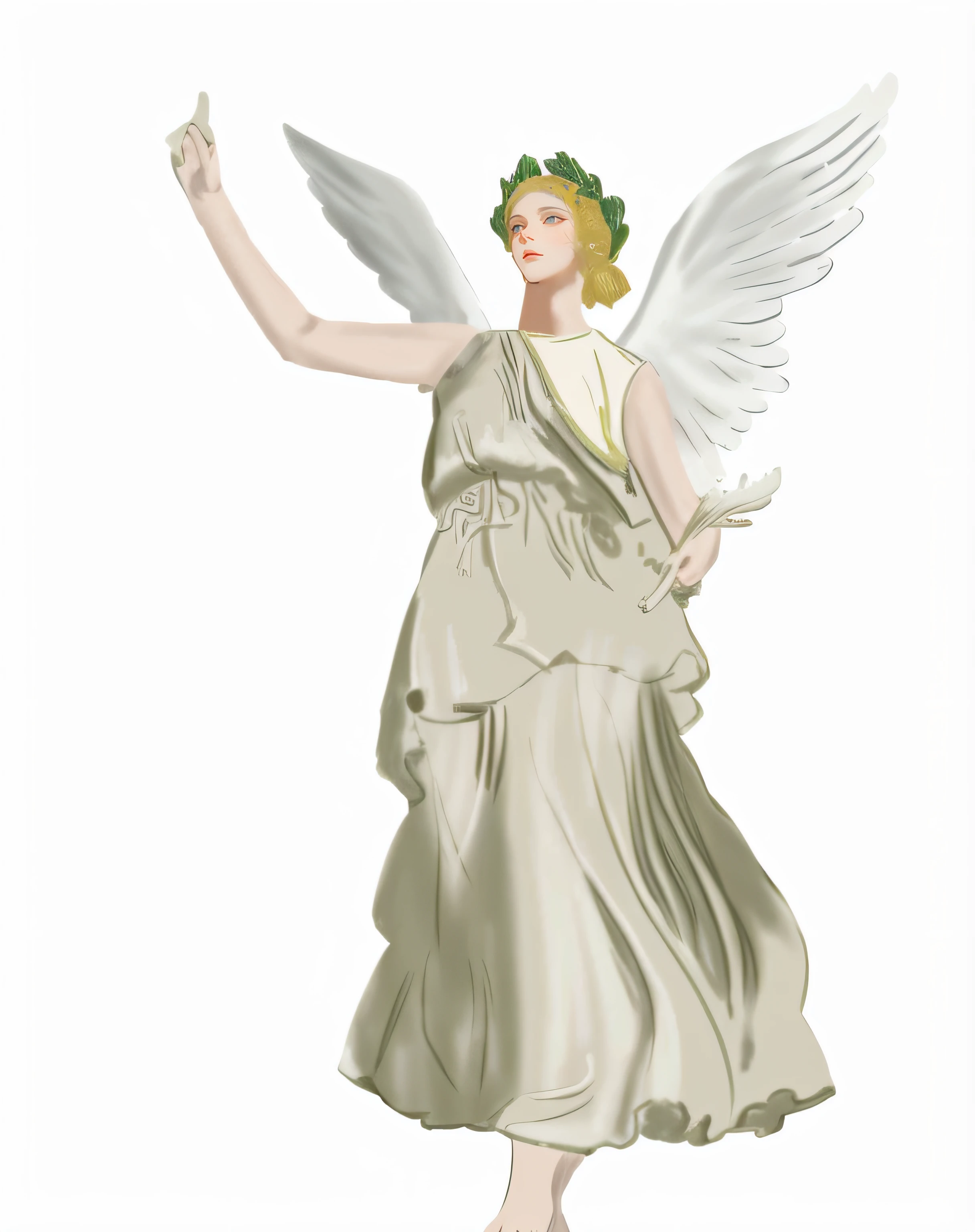 Greek goddess,Beautiful female face,There are wings behind him,Garland in hand,Crowns on the head,Strike a winning pose,The background is a solid color