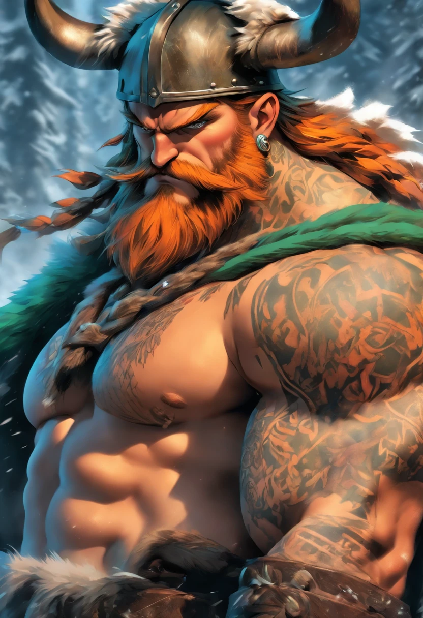 Viking bodybuilding, Covered in ,  with tattoos, Leather boots, Leather gloves, leather panties, Frozen Mountains, axe, nipple piercing, Suspenders, bluefire,  ring, big beard, enormous thigh, body builder,  , A 3-meter-tall, exposed , Red hair, BDSM, NSFW, Perfect , Fat , Thick , Thin , HD realistic , Pigs and tattoos, Open your green eyes, Sexy pose, sensual face