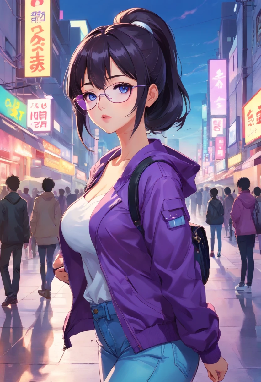 hot Beautiful Korean girl with big boobs and black hair and high ponytail and bangs and blue eyes and juicy lips and purple jacket and light blue jeans pants and and white top and white bag and white shoes and purple earrings and neon purple and black nails and white sunglasses on head with black lenses and front facing