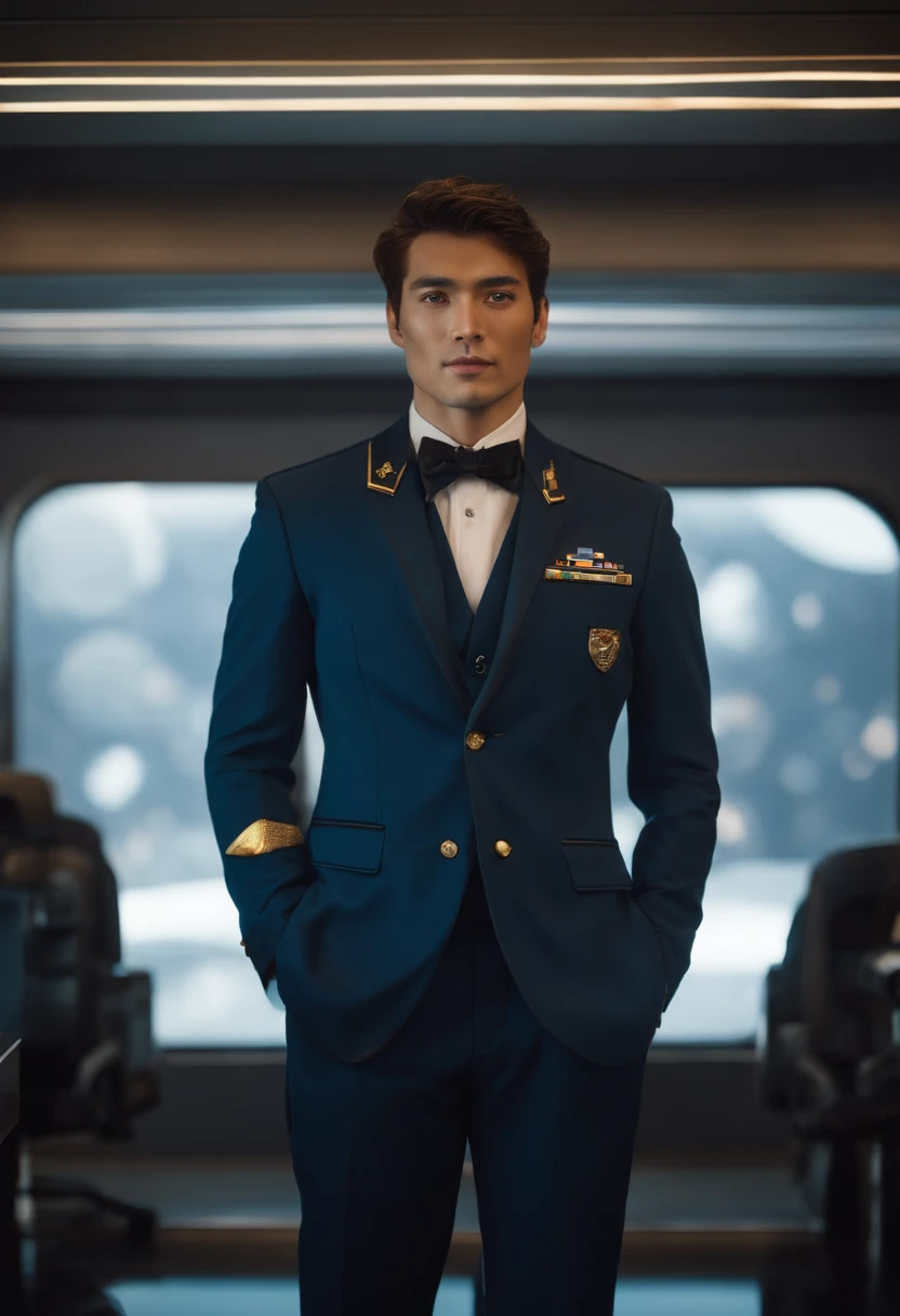fking_scifi, award-winning photo of a Japanese man, in a worn formal military blue suit with gold accents, brown hair, (gray eyes:1.35), square jawline, asymmetric face, standing in front of a window on a space ship, 80mm, bokeh, mass effect, close up, fking_cinema_v2