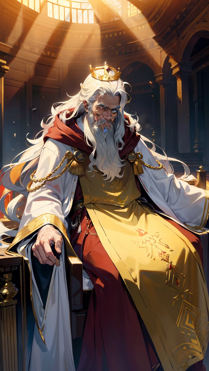 (((((male))))), masterpiece, ultra detailed, 8K Portrait, Raw photo, a portrait photo of, Highly detailed face, ((Fantasy)), (((old man))), (((king))), ((crown)), wears a lot of jewelry, white long wavy hair, strong beard, (((gold silk long cloak))) Fluttering in the wind, (((Crimson long robe))), by the throne, Midday Sun, Hyper realistic, Strong body, in a larger Audience room, Ambient lighting, Shadow details , Camera focus on face, strong breeze, Light fog