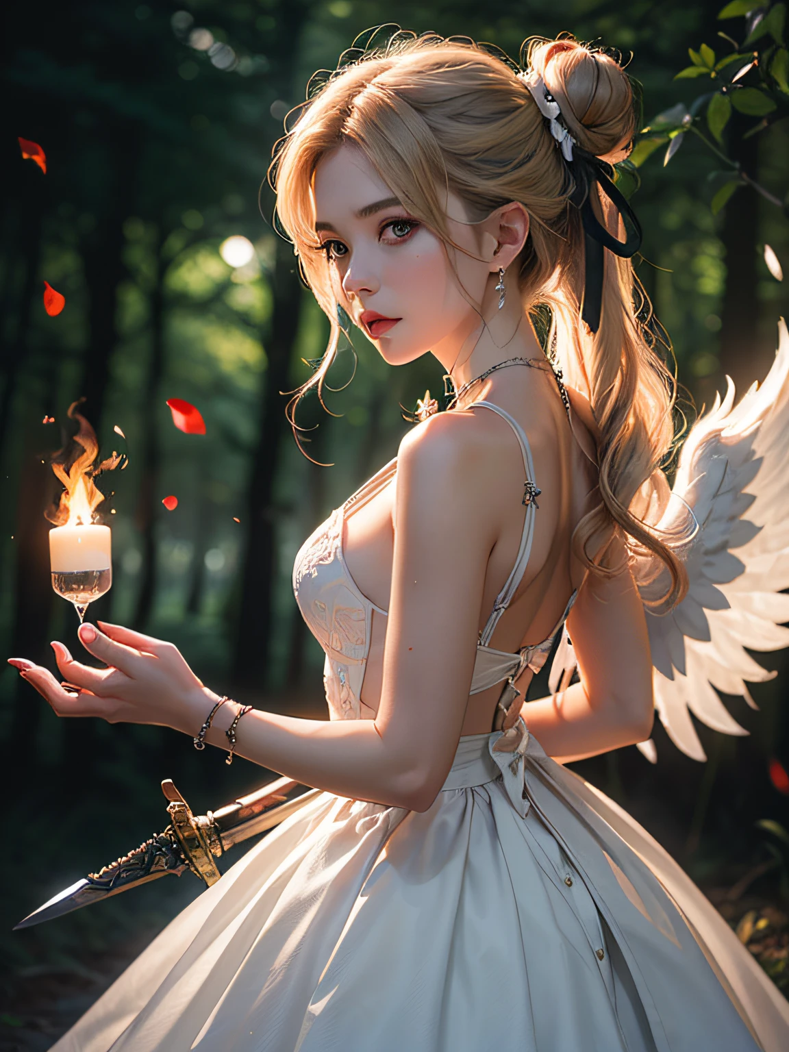 Unbeatable masterpiece, Ultra photo realsisim , Perfect artwork , Intricate details , Best quality , Strong light , High contrast , Dynamic pose , Dutch angle , ((Depth of field:1.8)) ,1 girl , Solo , (An extremely delicate and beautiful girl) ,Large_Breasts , Looking Up The Sky , (White _Hair , ribbon , single hair bun , hair-bun , Blonde hair) ,Very_Long_Hair , Wavy hair , Expressionless , expressionless eyes , Red_Eyes , long eyelasher , Beautiful detailed eyes ,(Blood)) , Closed mouth , devil horns , hair flower ,Earrings , flower ribbon , Pointy ears , Gothic ta ,cropped shoulders , Black dress , Sleeveless_dress , Cross necklace , ((Dorsal wings on the girl's back)) , ((Burning angel wings)) , navel , Night , full moon , Cloudy , spruce ,(Burning_ln the forest) , (Fire) , The fire shines on the face , Flame , Fighting_stance , (ventania) , (A flame like wings) , Falling_rose petals , The background is blurred out , Fantastic streamer .Splendid Milky Way , Walking , Boots , ((Swords))