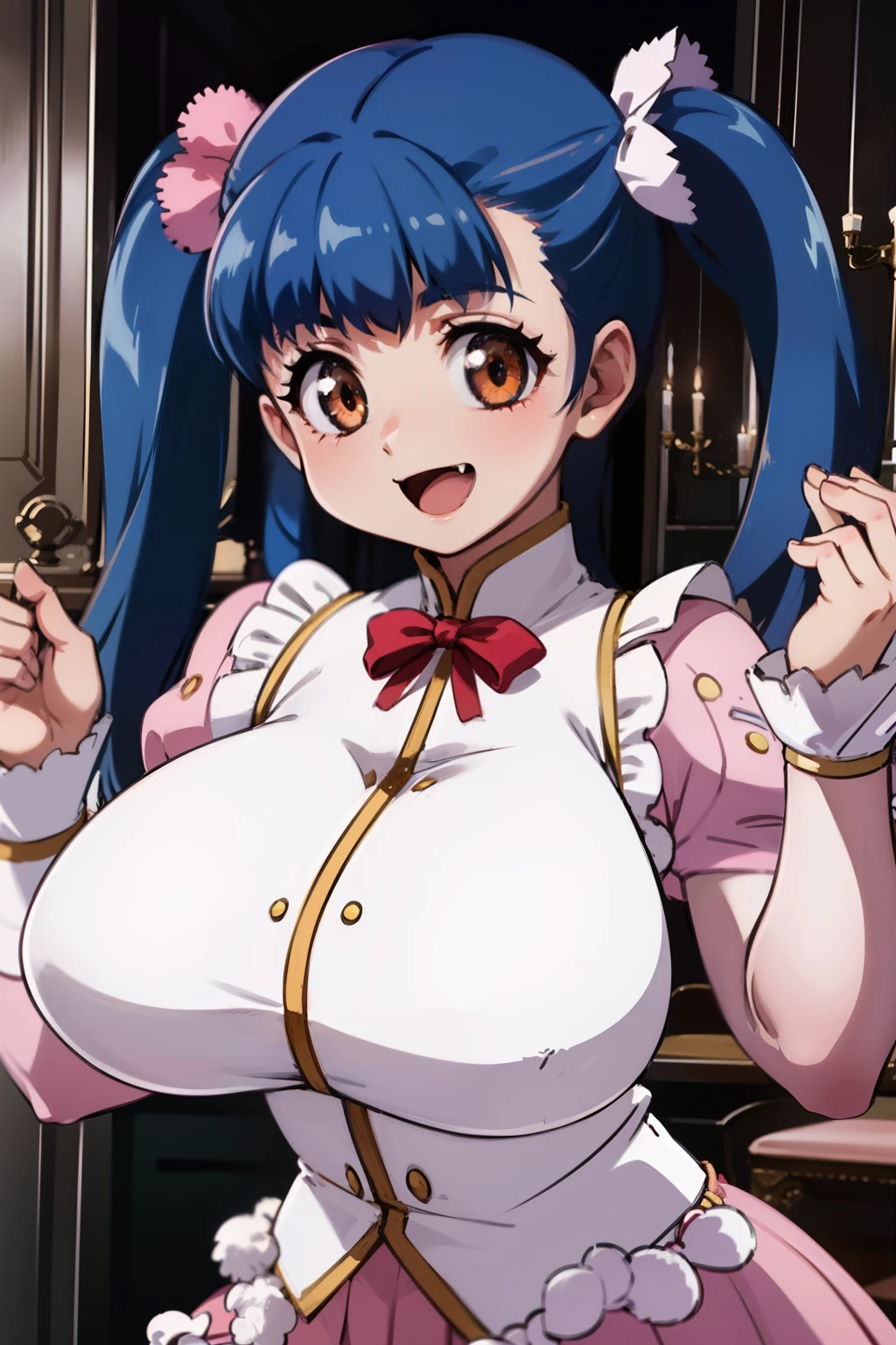 best quality, high resolution, blue hair, orange eyes, twin tail, fang, tuile_(gravion), two side up, frill, red ribbon, pink skirt, 1girl, beautiful face, huge breasts, happy, smile, (from side:0.6)