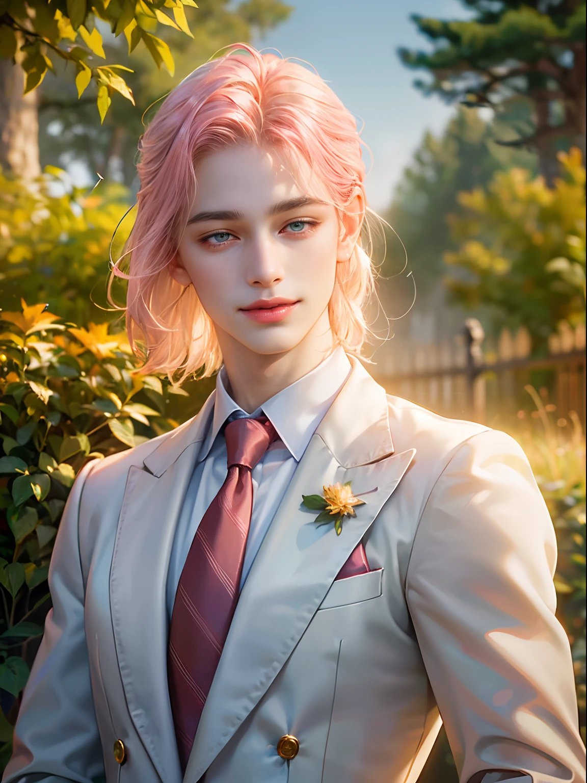 (absurdres, highres, ultra detailed, HDR), masterpiece, best quality, (masterpiece, best quality, high resolution:1.4),(Raw photography, top-quality, masterpiece, extremely delicate and beautiful, ighly detailed, nffsw, Unity, 8K Picture Wallpaper, amazingly detail, detaile, masterpiece, top-quality, Official art, Highly detailed ticker Unity 8k wallpaper, ultra-detailliert, hight resolution, ighly detailed, Clair, Focus,)(top-quality), (realisitic, Photorealsitic:1.5), (8K, Soft lighting, hightquality, lighting like a movie), 1boy, kind, gentle, skin pores texture, HD , Photography, movie, cinematic, portrait, Realistic, (8k, RAW photo, best quality, masterpiece:1.2), (realistic, photo-realistic:1.33), best quality, (detailed light-blue color eyes), (suit), (coral colored hair), (16 years old), ((light pink suit)), (handsome), (young), portrait, smile, (background: Autumn maple forest), bust up, (muscular), (gentleman), detailed and realistic portrait of a boy, (fragile), (golden hour light), (British), (pale), (light pink hair), (pastel colored suit), (playful), (extremely handsome), (light pink tie), (gentle smile), (Caucasian)
