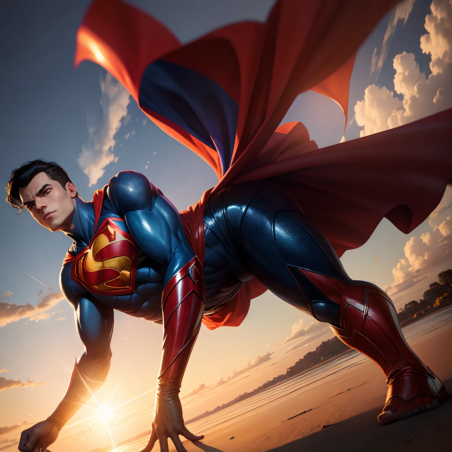 Superman Carl Al looks down on Earth,The sun rises from the edge of the earth,Mega Earth,A quarter of the earth。Superman looks down --auto