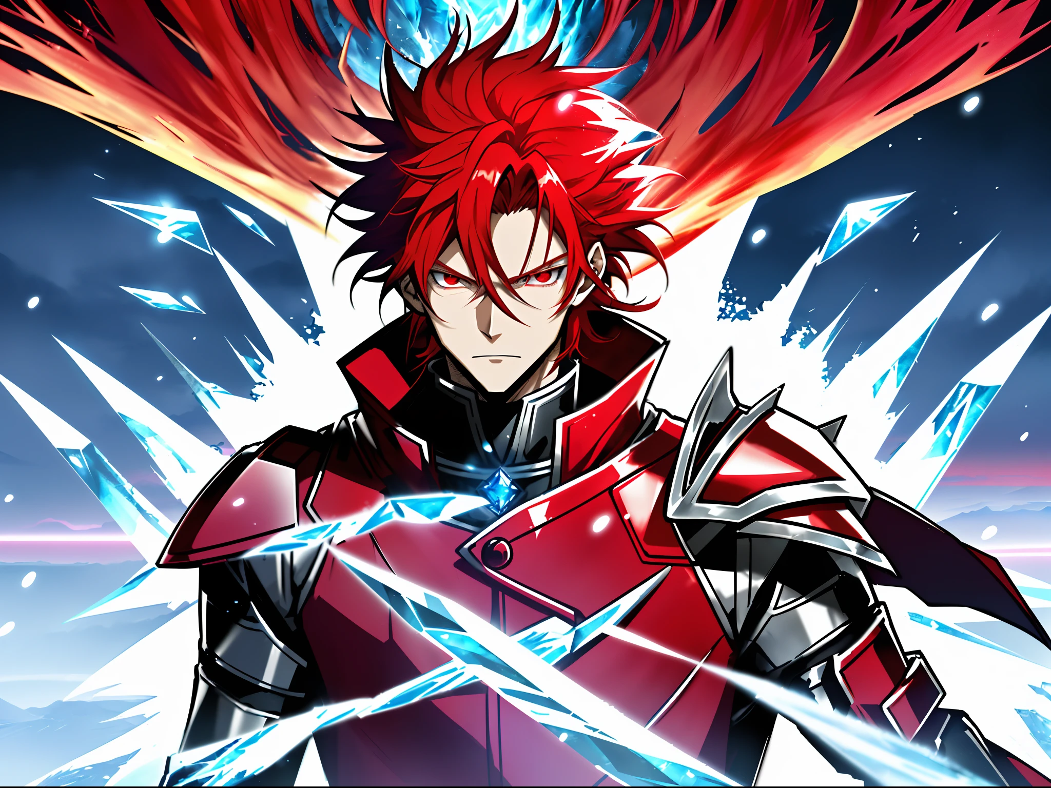 Anime characters with long red hair and red eyes in snowy landscapes, Ice Mage,Tall anime guy with red eyes, freezing blue skin, Key anime art, male anime character, Ice crystal armor, Detailed key anime art, full portrait of magical knight, Red coat, with ice powers