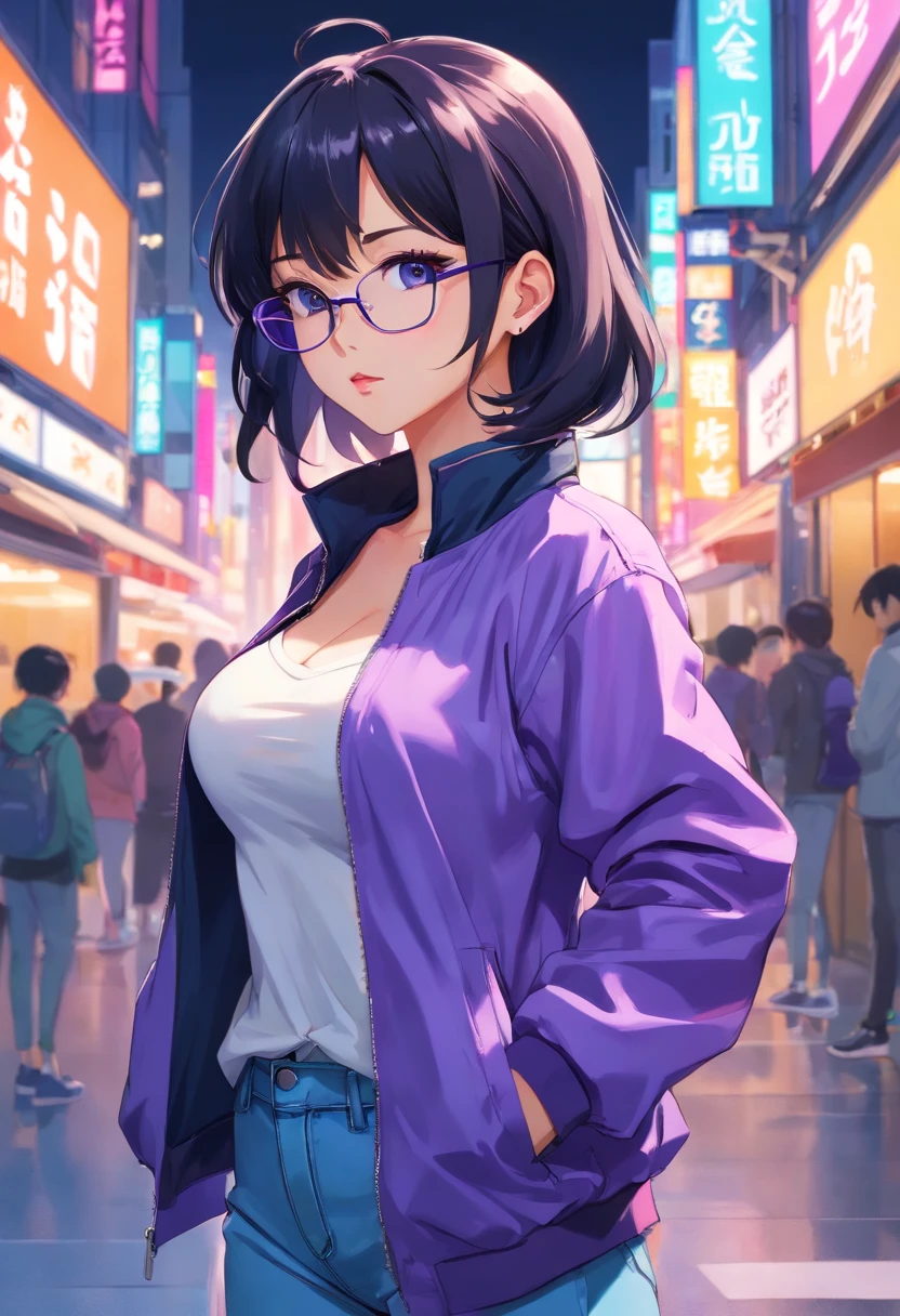 hot Beautiful Korean girl with big boobs and black hair and high ponytail and bangs and blue eyes and juicy lips and purple jacket and light blue jeans pants and and white top and white bag and white shoes and purple earrings and neon purple and black nails and white sunglasses on head with black lenses and front facing
