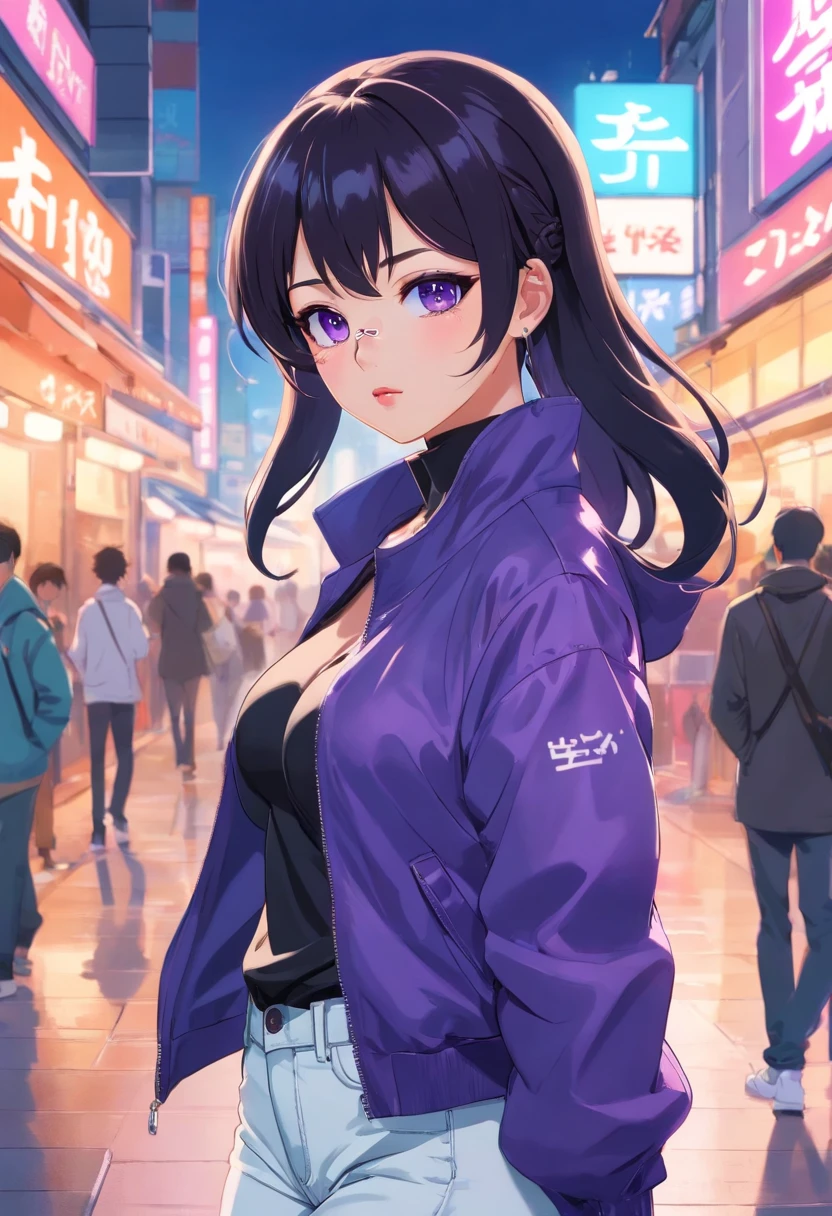 hot Beautiful Korean girl with big boobs and black hair and high ponytail and bangs and blue eyes and juicy lips and purple jacket and light blue jeans pants and and white top and white bag and white shoes and purple earrings and neon purple and black nails and white sunglasses on head with black lenses and front facing