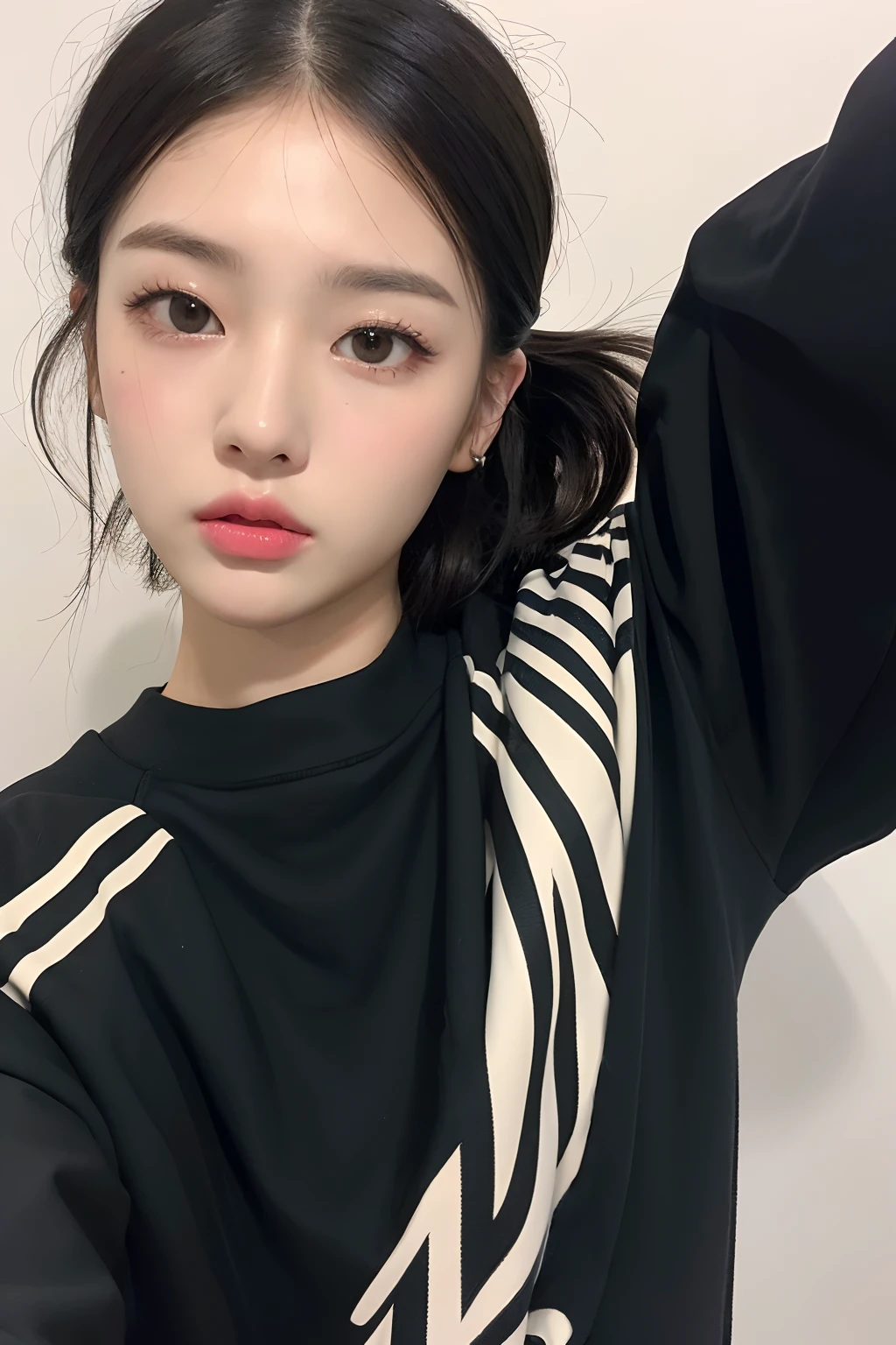 ((Best quality, 8k, Masterpiece :1.3)), 1 adorable girl with full body, youthful, delightful cute face, black hair, hair tied, oversized boyish outfit, aesthetic selfie, ultra-detailed face, extremely perfection, detailed eyes, double eyelid, big doe-eyed, straight nose, long eyelashes, detailed eyelashes, v-shape face, random pose, aesthetic pose, (random aesthetic background)