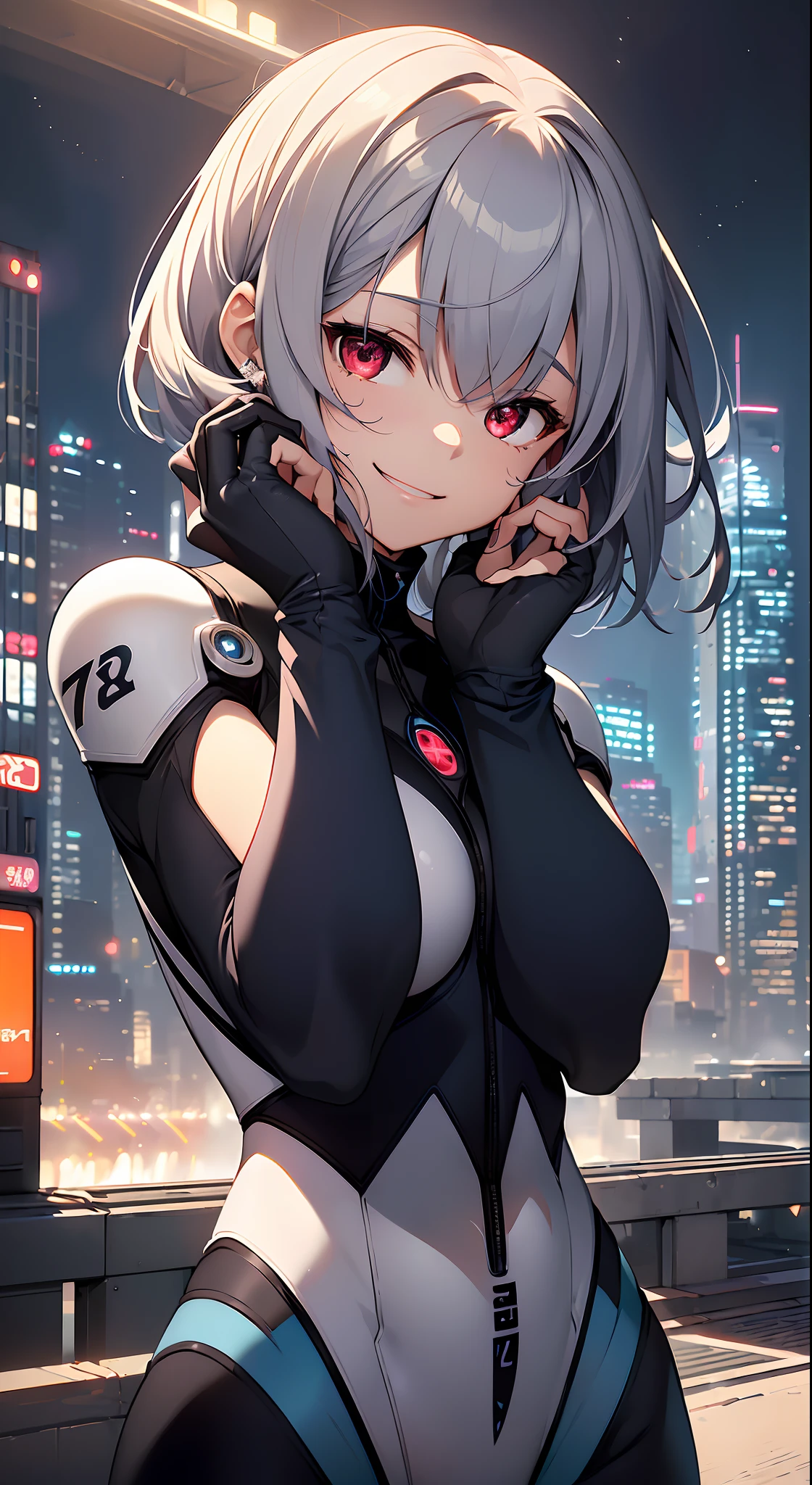 top-quality、Top image quality、in 8K,4K,​masterpiece、(NSFW:1.3)、ultra-detailliert、Beautiful、ultra-quality、adult-like、Cool、girl with(((18year old、White Zero Suit 1:3、Bust 78、silber hair、a short bob、Red Eyes、flank、erotick:1.4、Happiness、The tattoo)))、place々torn:1.4、Raise your hands up:1.3、hiquality、visualart、Background with((nightcity:1.2))、masutepiece