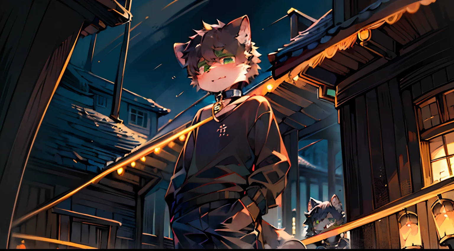(ambiente dark:0.8),Masterpiece,High quality,abstract res,Digital painting\(artwork of a\), by Dagasi, Yupa,Kiyosan,(anthro,Fluffy fur,Character focus:1.1),anthro male cat,Short hair,Portrait , eyes with brightness, in a panoramic view, Character focus.(detailedbackground:0.7), 独奏, shaggy, adolable，Furry young male, malefocus, anthr,(Full Body Furry, Black hair，Black cattail, Black cat ears，Black fur, Black tail，Wearing a collar，Green eyes, Black color hair:1.2), (Cat Class）(Sixteen years old)(Wearing a black sweatshirt)(Gray-black hair all over the body)(Black all over，Facial hair is black)