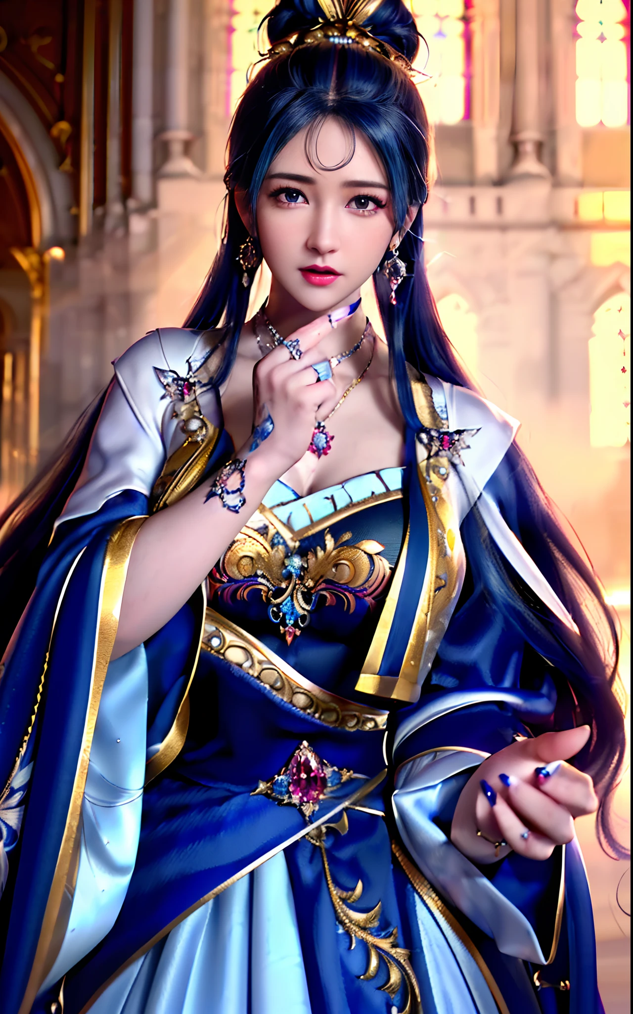 ((realisticity: 1.2)), ((realistic: 8K UHD)), ((best resolution: 8K UHD)), hyper detailed, best quality,masterpiece,highres,cg, ((1 girl hyper detailed and hyper realistic) ) , ((beautiful queen, hyper realistic and hyper detailed)),((white skin, beautiful, smooth, youthful, hyper realistic and hyper detailed )), ((Face hyper beautiful, white, hyper realistic and hyper detailed ) ), long hair, ((hyper realistic and hyper detailed dress)), solo, ((hyper realistic, hyper beautiful, beautiful and hyper detailed jewelry)), ((hyper beautiful deep red and golden yellow dress, hyper realistic and hyper detailed )) , ((Her pretty, hyper realistic, hyper detailed diamond filled earrings)), ((Her gorgeous diamond haircut, hyper realistic and hyper detailed)), ((hyper pretty upper body, hyper beautiful, hyper realistic and hyper detailed) ), ((medium breast: 1.1)), ((hyper realistic, hyper pretty, hyper detailed boobs)), ((the backgroun of the royal palace is hyper majestic, hyper realistic and hyper detailed)),((hands and palms hyper beautiful, hyper detailed, hyper realistic)), ((hyper detailed and hyper realistic fingers and fingernails)), ((hyper pretty fingernails, hyper vivid, hyper detailed, hyper realistic)), ((thumb, index finger, middle finger, ring finger, little finger hyper vivid, hyper pretty, hyper detailed, hyper realistic)),
((hyper beautiful fingers, hyper detailed, and hyper realistic)), ((posture not too fat and not too thin, hyper realistic, hyper detail)), ((hyper pretty, hyper pretty, hyper realistic and hyper detailed hair bun)), ((hyper pretty , hyper realistic and hyper detailed blue hair)), candid, Photo, high resolution, 8k , bokeh,