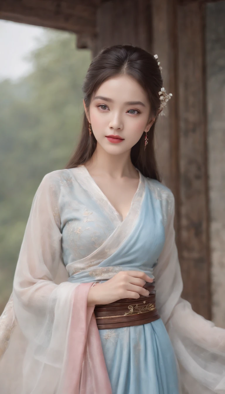 1 beautiful and cute reality show girl, Gentle young girl, Waist length hair, cabelos preto e longos，Slightly blue, Light blue eyes, wearing a long, Thin, a blue dress，Hanfu style, ((a blue dress，White lace border covers the girl's:0.8)), Style Hanfu, Wearing an ancient Chinese silk shirt, Pink and smooth white skin, Wear low-key antiques, Oday, appears shoulders and head in the photo,Cute little face, Eye bags under wet makeup, Plump red lips, Pout, ((Closed mouth:1.0)), Balance incisors, Embarrassed, Small face makeup explained，Tremendously beautiful, Breasts are super round and firm, Breasts are plump，A plump chest， Blum chest cabinet, ((Cover the girl's chest with a camisole inside:1.2)), Blush, From the front side, Wear earrings, choker necklace, From above, view the viewer, Upturned eyes,  Masterpiece, Top quality, Best quality, offcial art, Unity 8k wallpaper, A high resolution, Ultra-high RES, Ultra-detailed, (Photorealistic:1.2), Alone, Solo, only 1girl, Style Hanfu Dunhuang, 10x pixel, Super realistic, Ultra high quality, Full body view of girl,  Seven-doppelganger shot,