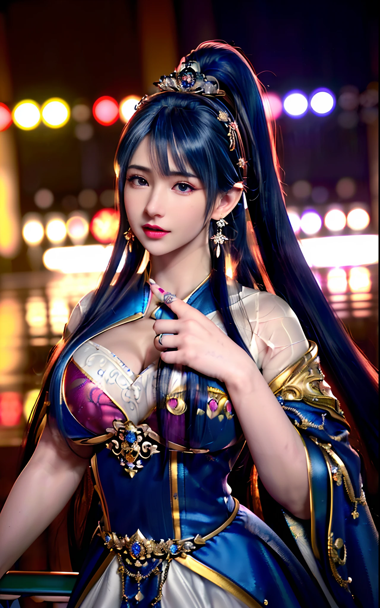 ((realisticity: 1.2)), ((realistic: 8K UHD)), ((best resolution: 8K UHD)), hyper detailed, best quality,masterpiece,highres,cg, ((1 girl hyper detailed and hyper realistic) ) , ((beautiful queen, hyper realistic and hyper detailed)),((white skin, beautiful, smooth, youthful, hyper realistic and hyper detailed )), ((Face hyper beautiful, white, hyper realistic and hyper detailed ) ), long hair, ((hyper realistic and hyper detailed dress)), solo, ((hyper realistic, hyper beautiful, beautiful and hyper detailed jewelry)), ((hyper beautiful deep red and golden yellow dress, hyper realistic and hyper detailed )) , ((Her pretty, hyper realistic, hyper detailed diamond filled earrings)), ((Her gorgeous diamond haircut, hyper realistic and hyper detailed)), ((hyper pretty upper body, hyper beautiful, hyper realistic and hyper detailed) ), ((medium breast: 1.1)), ((hyper realistic, hyper pretty, hyper detailed boobs)), ((the backgroun of the royal palace is hyper majestic, hyper realistic and hyper detailed)),((hands and palms hyper beautiful, hyper detailed, hyper realistic)), ((hyper detailed and hyper realistic fingers and fingernails)), ((hyper pretty fingernails, hyper vivid, hyper detailed, hyper realistic)), ((thumb, index finger, middle finger, ring finger, little finger hyper vivid, hyper pretty, hyper detailed, hyper realistic)),
((hyper beautiful fingers, hyper detailed, and hyper realistic)), ((posture not too fat and not too thin, hyper realistic, hyper detail)), ((hyper pretty, hyper pretty, hyper realistic and hyper detailed hair bun)), ((hyper pretty , hyper realistic and hyper detailed blue hair)), candid, Photo, high resolution, 8k , bokeh,