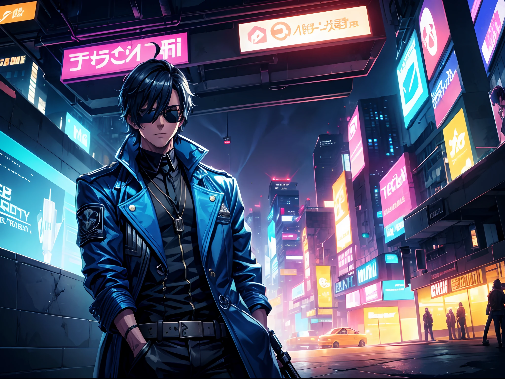 Detective, blue jacket, side swept hair, dark shades, cyberpunk city, night time, neon lights, hd, highres