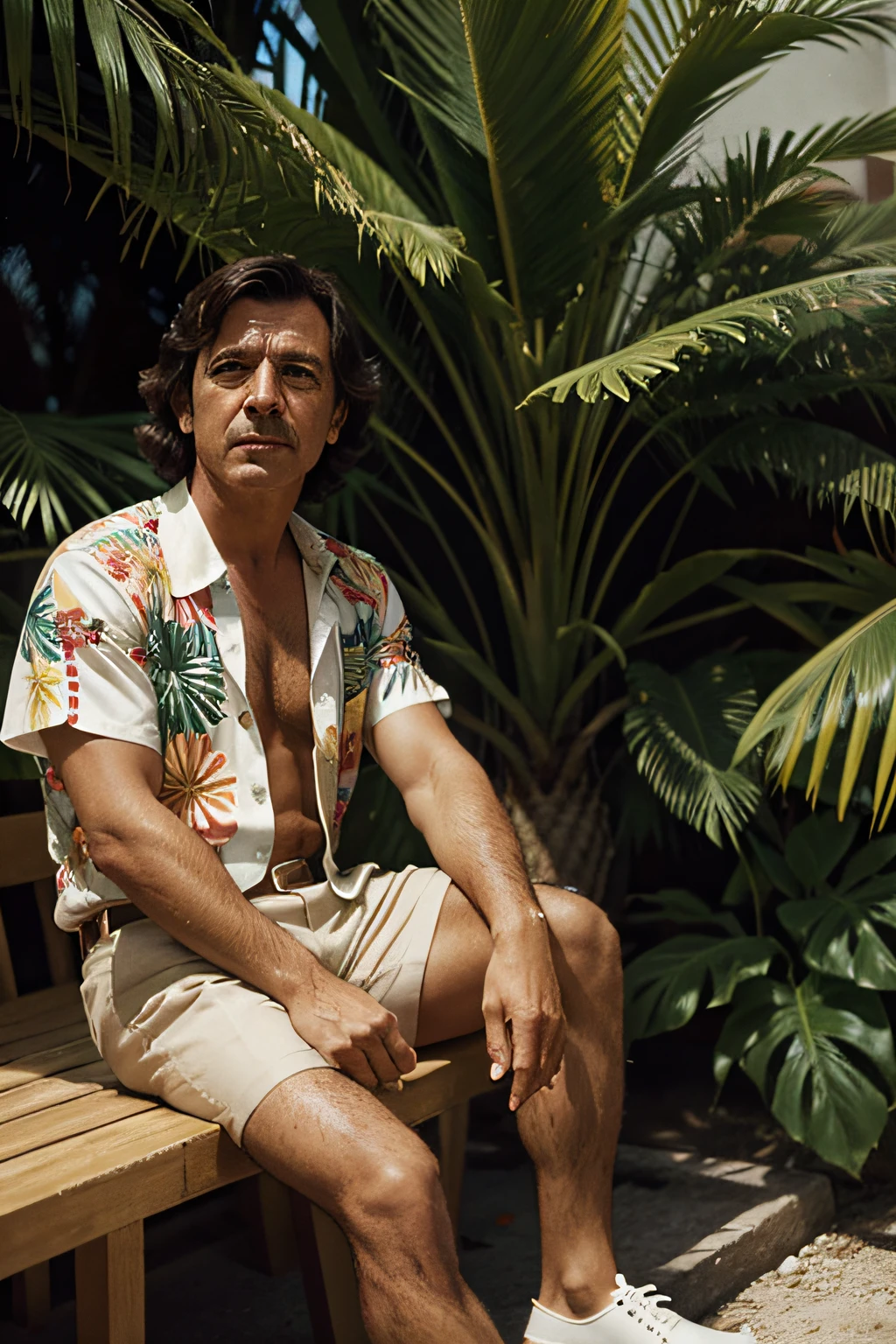 El general Manuel Omar Torrijos Herrera en una fiesta tropical, rodeada de amigas y con un vestido de estampado tropical, 70s cinema look, calidad ultra alta, extremadamente detallado, Obra maestra,