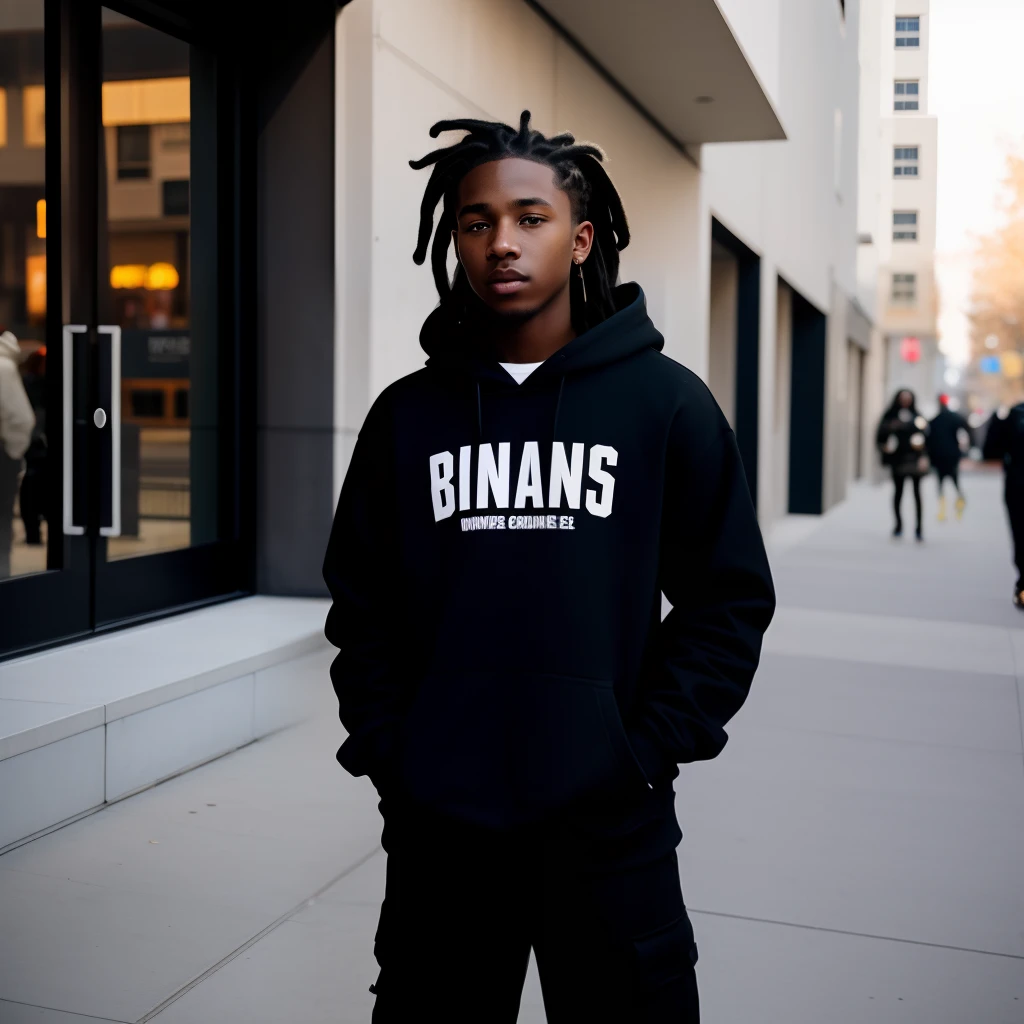 Black male teen with medium hair length dreads dressed in all black holding guns with a black hoodie and black cargo pants in the city while smoking a blunt