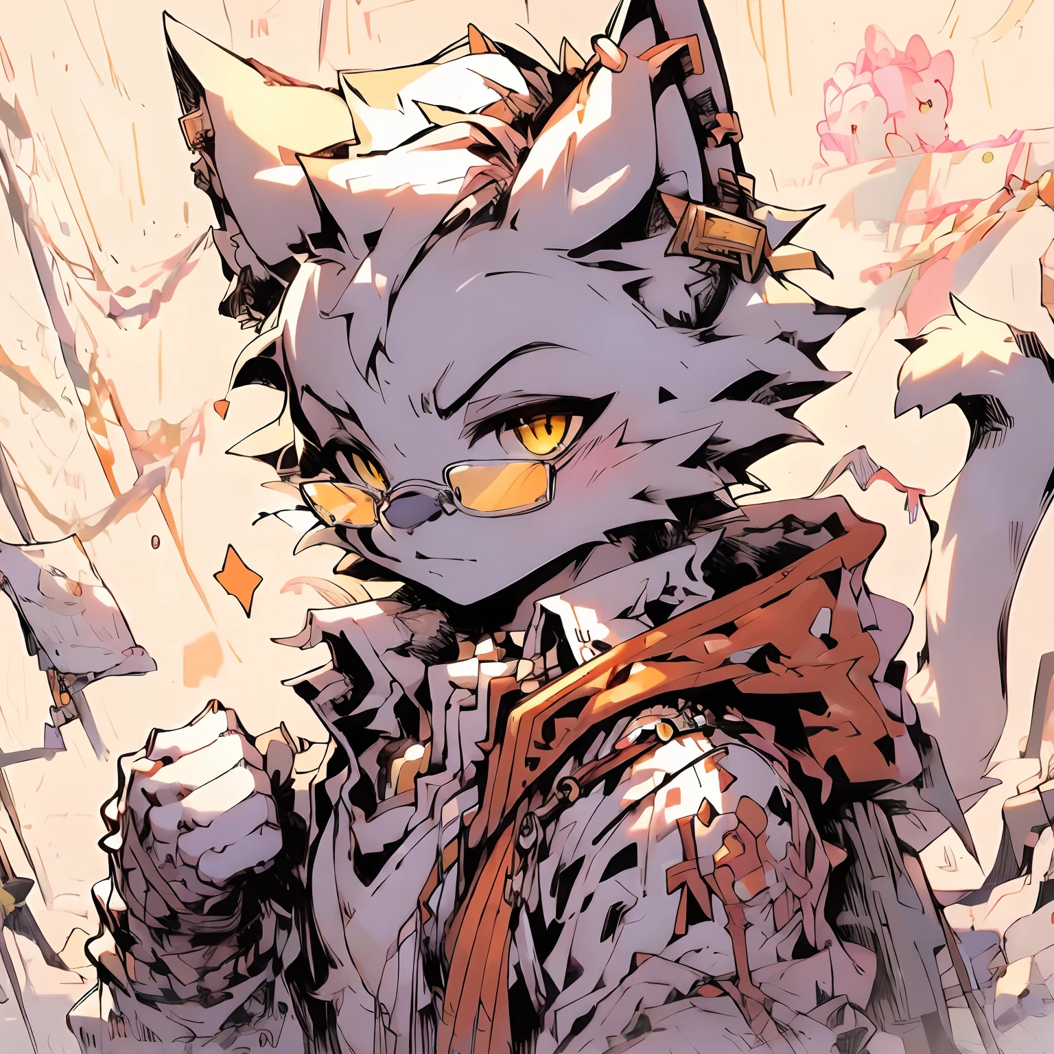 hairy chest,Male cats,Black and white fur,Golden eyes,Wearing gold wire glasses, He is a librarian,
