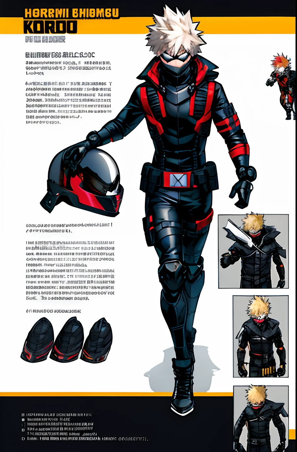 full body concept art, horikoshi kouhei, 1boy, absurdres, bakugou katsuki, Agent Venom outfit, Helmet, high tech jacket, well built adult body build, adult, smirk, detailed face, black skin, black eyes, standing pose, solo, official art, masterpiece