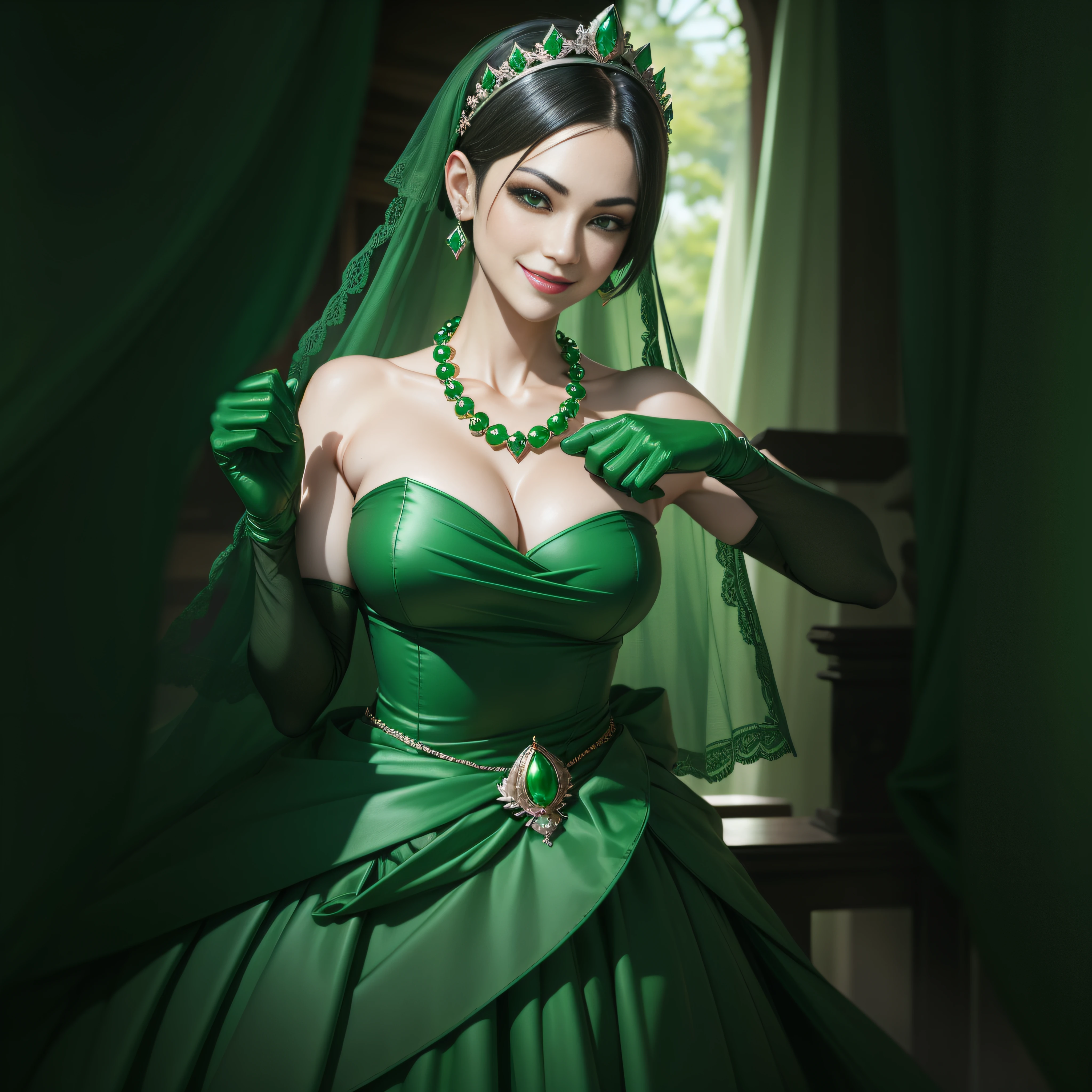 emerald tiara, Green Pearl Necklace, Boyish very short green hair, lipsticks, Japan woman smiling, very short short hair, fist, big breasts beautiful, Green eyes, Long green gloves made of satin material, Green eyes, Emerald Earrings, Day Church
