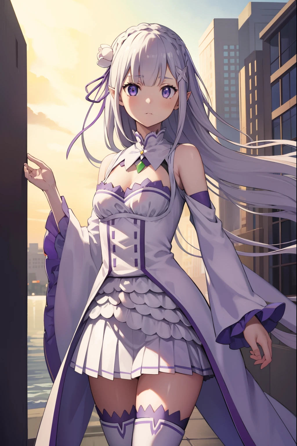 rezeroemilia, emilia, braid, crown braid, flower, hair flower, hair ornament, hair ribbon, long hair, pointy ears, (purple eyes:1.2), white hair, x hair ornament,
BREAK detached collar, detached sleeves, frilled sleeves, frills, long sleeves, miniskirt, pleated skirt, ribbon, skirt, thighhighs, white skirt, white sleeves, white thighhighs, wide sleeves, zettai ryouiki,
BREAK outdoors, city,
BREAK looking at viewer, BREAK (masterpiece:1.2), best quality, high resolution, unity 8k wallpaper, (illustration:0.8), (beautiful detailed eyes:1.6), extremely detailed face, perfect lighting, extremely detailed CG, (perfect hands, perfect anatomy),