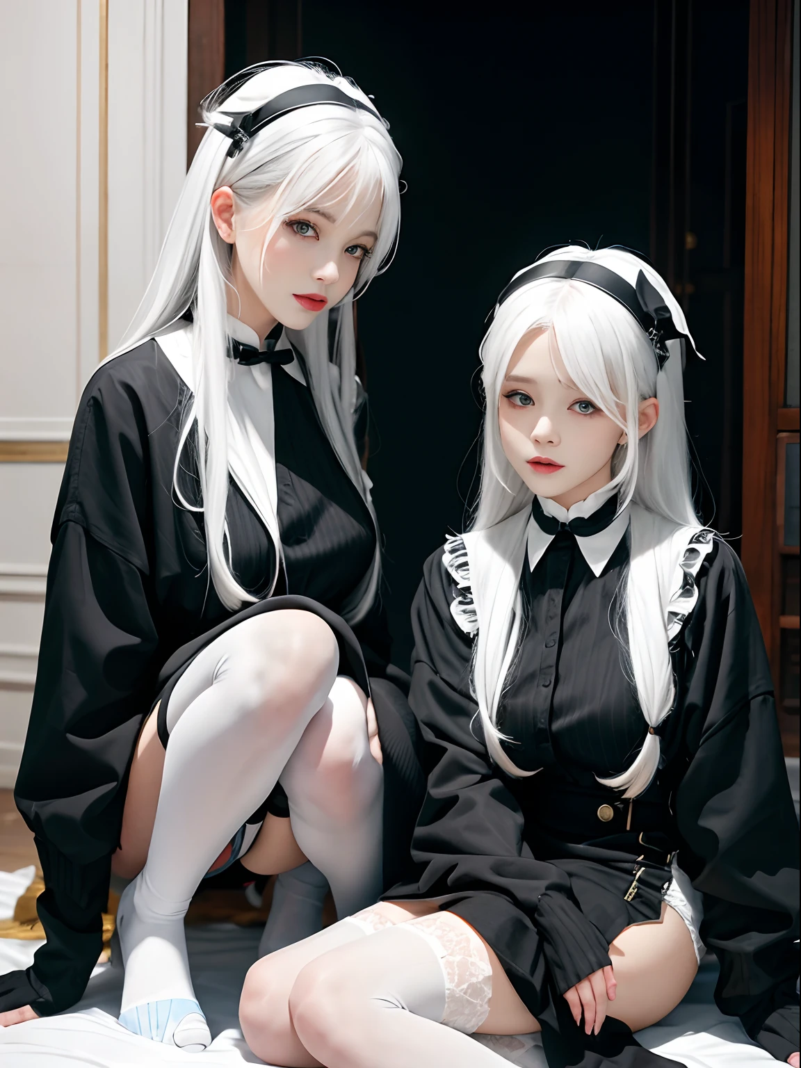 ,twins,white hair,stockings,mature female,