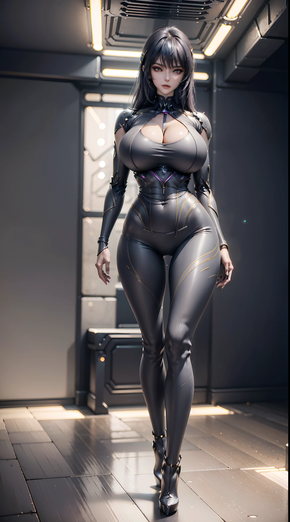 A MATURE WOMAN, HUGE FAKE BOOBS, (BEAUTIFUL FACE), (RGB), (FUTURISTIC MECHA TIGHT BRA), (CLEAVAGE), (SKINTIGHT YOGA PANTS), (HIGH HEELS), (PERFECT BODY:1.2), (LONG LEG), (FULL BODY:1.3), FRONT, (STANDING:1), SEXY BODY, EXPOSE MUSCLE ABS, UHD, 8K, 1080P.