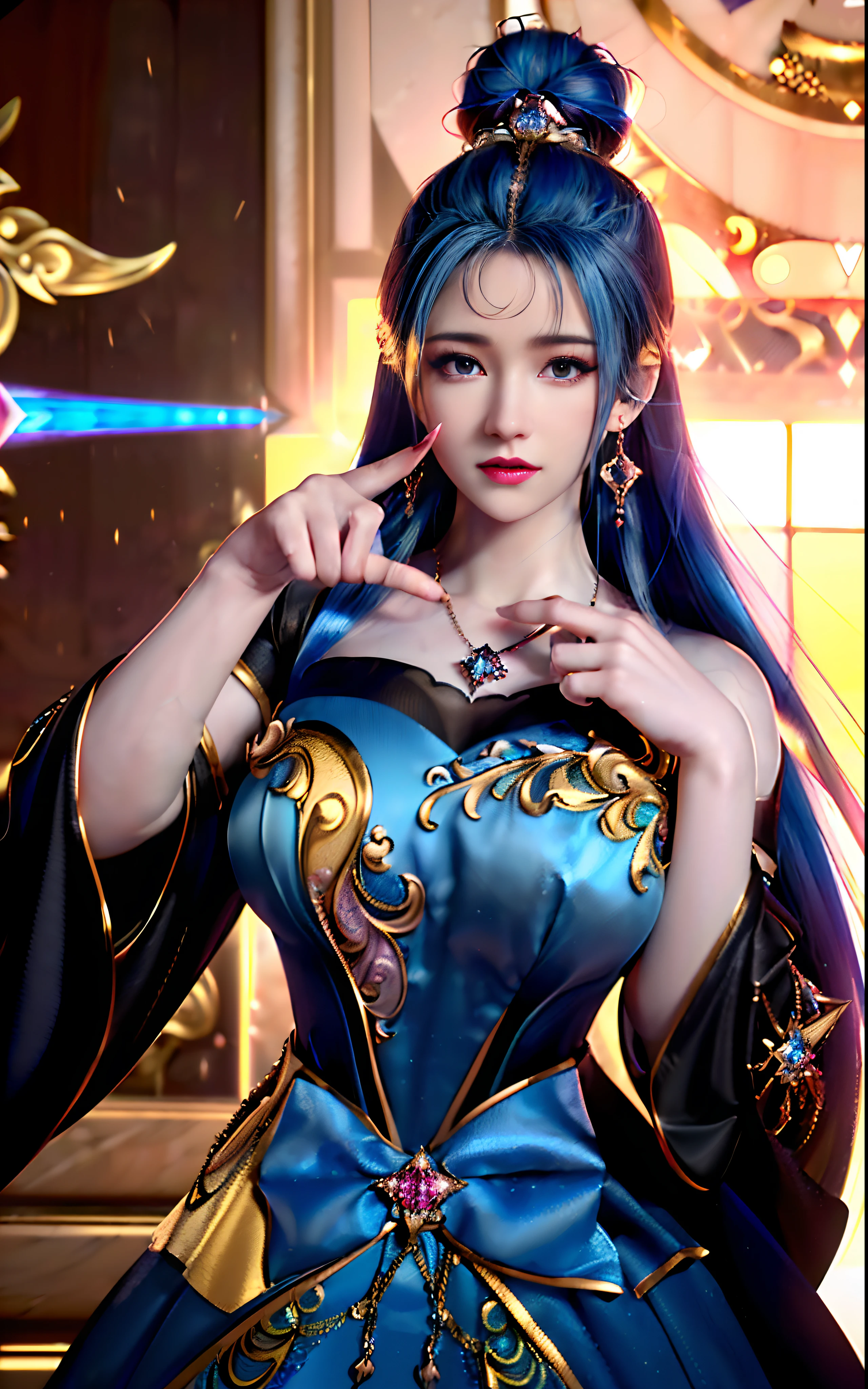 ((realisticity: 1.2)), ((realistic: 8K UHD)), ((best resolution: 8K UHD)), hyper detailed, best quality,masterpiece,highres,cg, ((1 girl hyper detailed and hyper realistic) ) , ((beautiful queen, hyper realistic and hyper detailed)),((white skin, beautiful, smooth, youthful, hyper realistic and hyper detailed )), ((Face hyper beautiful, white, hyper realistic and hyper detailed ) ), long hair, ((hyper realistic and hyper detailed dress)), solo, ((hyper realistic, hyper beautiful, beautiful and hyper detailed jewelry)), ((hyper beautiful deep red and golden yellow dress, hyper realistic and hyper detailed )) , ((Her pretty, hyper realistic, hyper detailed diamond filled earrings)), ((Her gorgeous diamond haircut, hyper realistic and hyper detailed)), ((hyper pretty upper body, hyper beautiful, hyper realistic and hyper detailed) ), ((medium breast: 1.1)), ((hyper realistic, hyper pretty, hyper detailed boobs)), ((the backgroun of the royal palace is hyper majestic, hyper realistic and hyper detailed)),((hands and palms hyper beautiful, hyper detailed, hyper realistic)), ((hyper detailed and hyper realistic fingers and fingernails)), ((hyper pretty fingernails, hyper vivid, hyper detailed, hyper realistic)), ((thumb, index finger, middle finger, ring finger, little finger hyper vivid, hyper pretty, hyper detailed, hyper realistic)),
((hyper beautiful fingers, hyper detailed, and hyper realistic)), ((posture not too fat and not too thin, hyper realistic, hyper detail)), ((hyper pretty, hyper pretty, hyper realistic and hyper detailed hair bun)), ((hyper pretty , hyper realistic and hyper detailed blue hair)), candid, Photo, high resolution, 8k , bokeh,