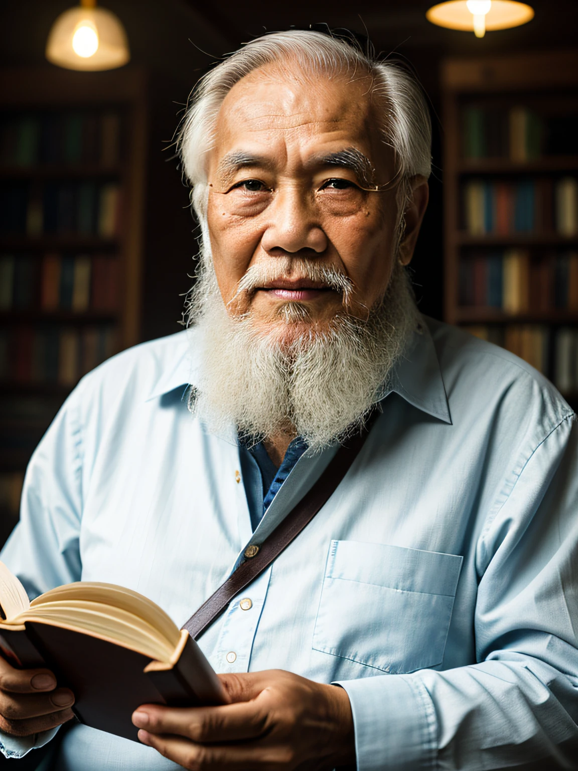 Hyper-Resolution, Ultra photo realsisim, cinema shot, An 80-year-old Asian father,Look at the viewer,Elderly father,Books in hand,Spiritual elderly,Single image, Short white hair,White Viking beard, Wide shoulders, High focal length, Bust photo,Faraway view,Digital SLR, Dark Studio, rim lit, twotonelighting, Dimly lit, low tune, Backlight,