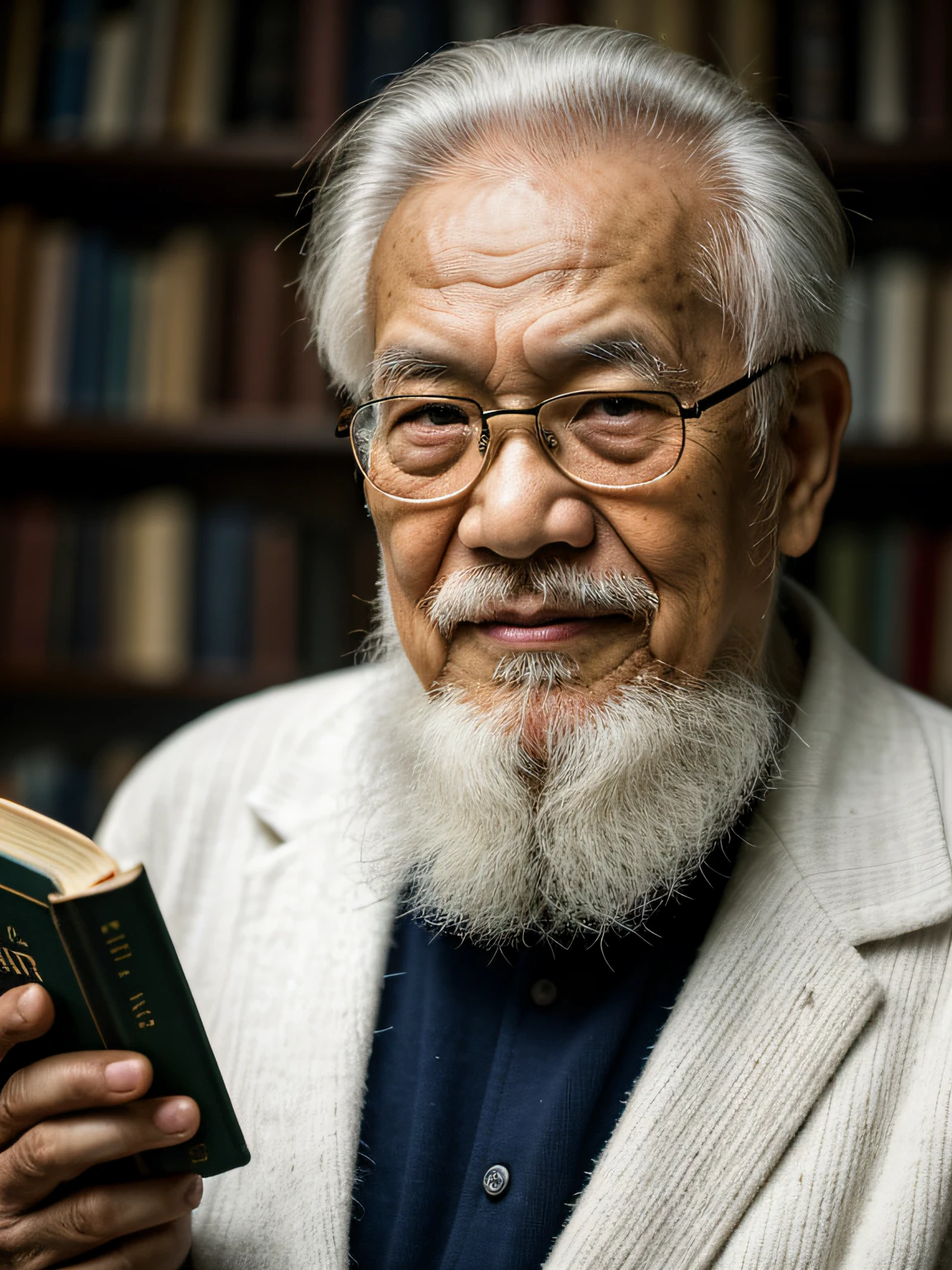 Hyper-Resolution, Ultra photo realsisim, cinema shot, An 80-year-old Asian father，Look at the viewer，Elderly father，Books in hand,Spiritual elderly,Single image， Short white hair，White Viking beard,  Wide shoulders,  High focal length, Bust photo，Faraway view，Digital SLR, Dark Studio, rim lit, twotonelighting, Dimly lit, low tune, Backlight,