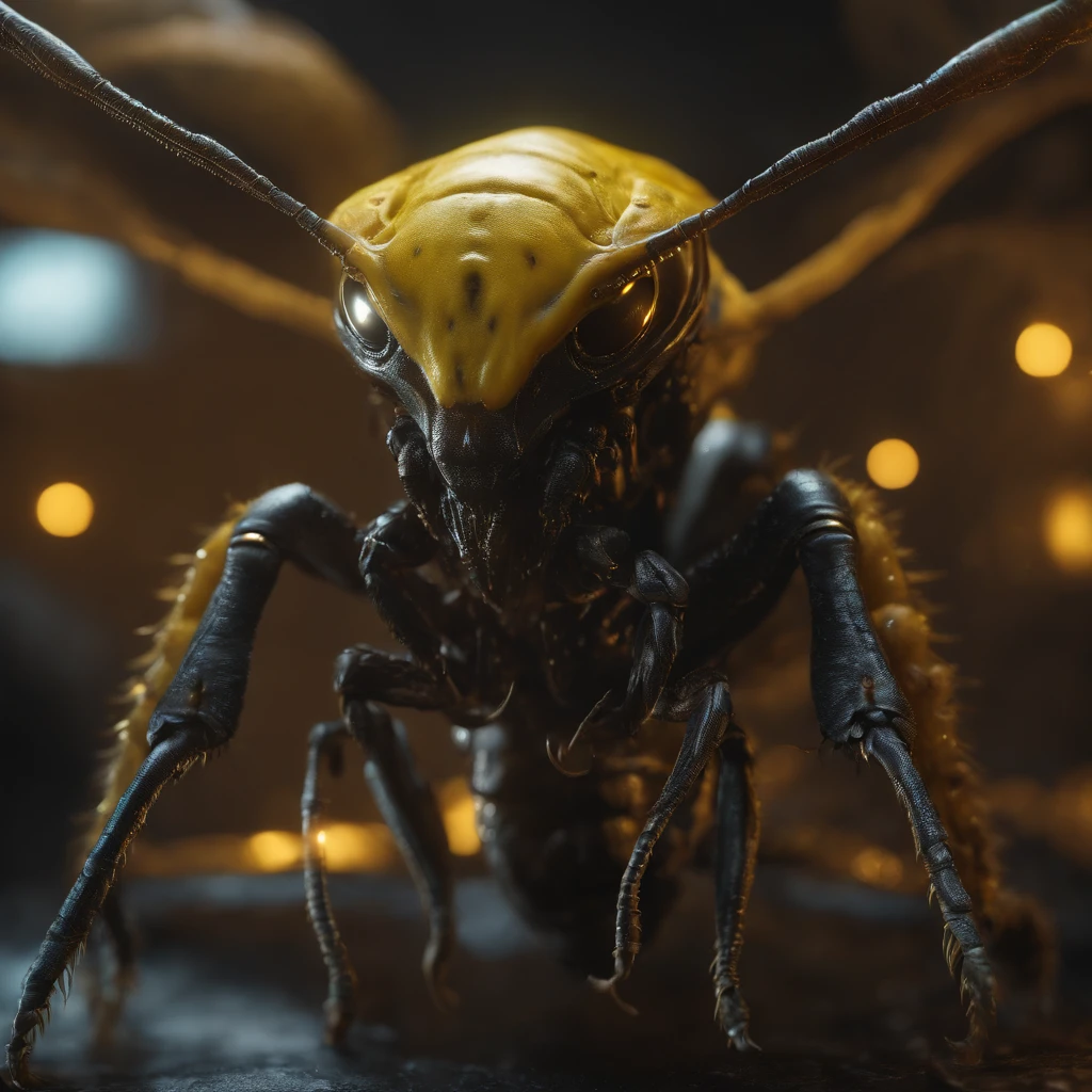 "(best quality,4k,8k,highres,masterpiece:1.2),ultra-detailed,(realistic,photorealistic,photo-realistic:1.37),close-up shot,alien creature,gotcha,yellow,fierce,extraterrestrial insect,mechanical space bug,insectoid,Chitinous,giant sharp fangs,Swarm-like,bio-mechanical face,Mutations creeping in,hive of Zerg,from Starcraft,creepy,grotesque,biological-technological hybrid,monstrous,nanotech-infused demon,meticulous hairy texture,toxic bioluminescent bugs"