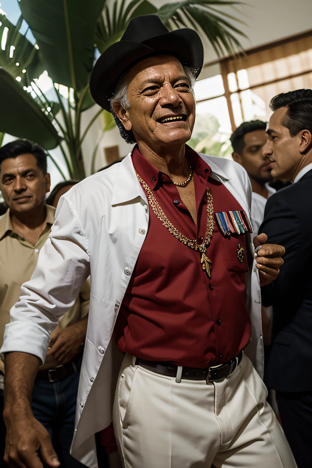 Panamanian General Omar Torrijos dancing happily at a tropical party, calidad ultra alta, extremadamente detallado, Renderizado de octanaje, obra maestra,