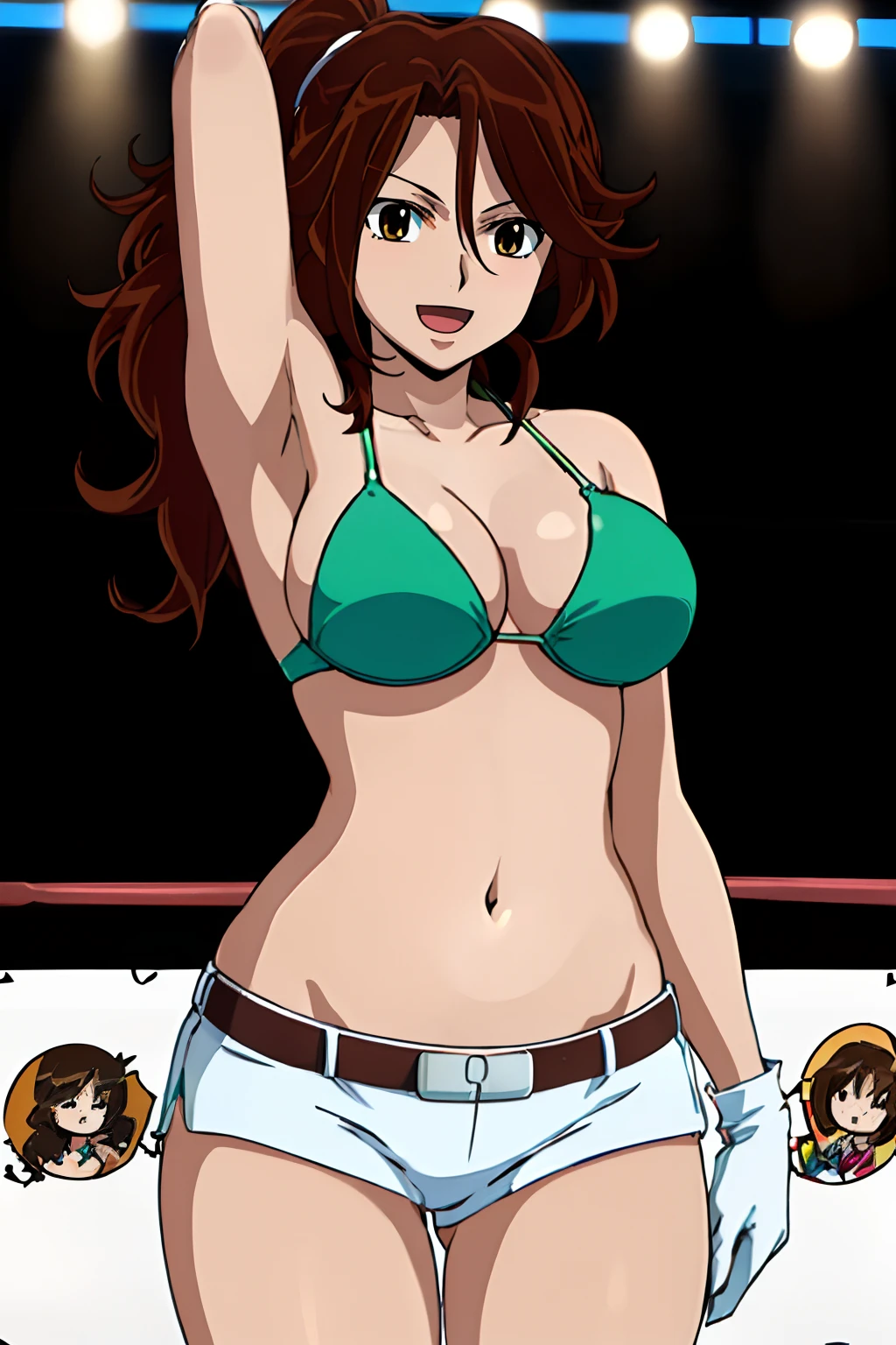 arms behind head, nice body, , anime style: 1.8, anime drawing, ultra detailed face, ultra detailed body, , 4k, Sumergai Lee Noriega, (standing), best quality, anime style, hires, highest definition, digital blending, bold drawing lines, ((slim waist, female wrestler), (location: wrestling arena, crowds watching), ( (fit), athletic , little biceps, thighs, off-shoulders, (curvy: 6.8), lighting, spot lights, very shiny skin), ((string bikini, shorts, groin, , white gloves, collar, belt)), victorious, winner, , (very big round breasts, smile, open mouth), (big eyes, brown eyes), (laughing), (brown hair, (long ponytail), curly hair, smile, hair, missy hair), 27 years old, (titling head)