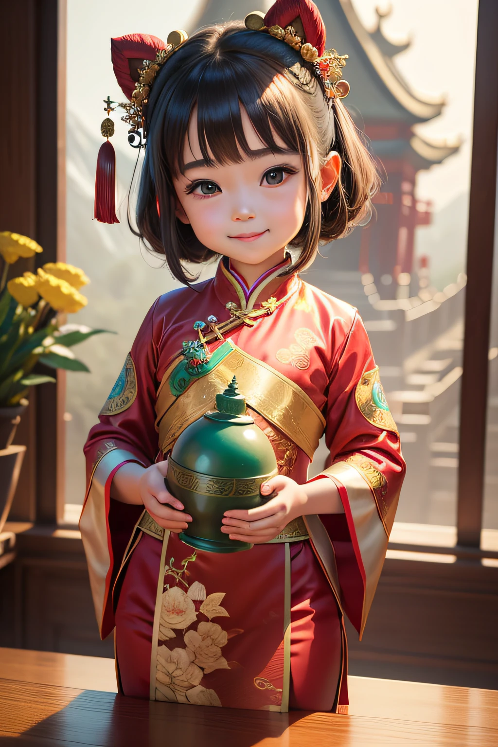 girl facing camera cute 4k masterpiece Chinese traditional costume jade girl blessing smile
