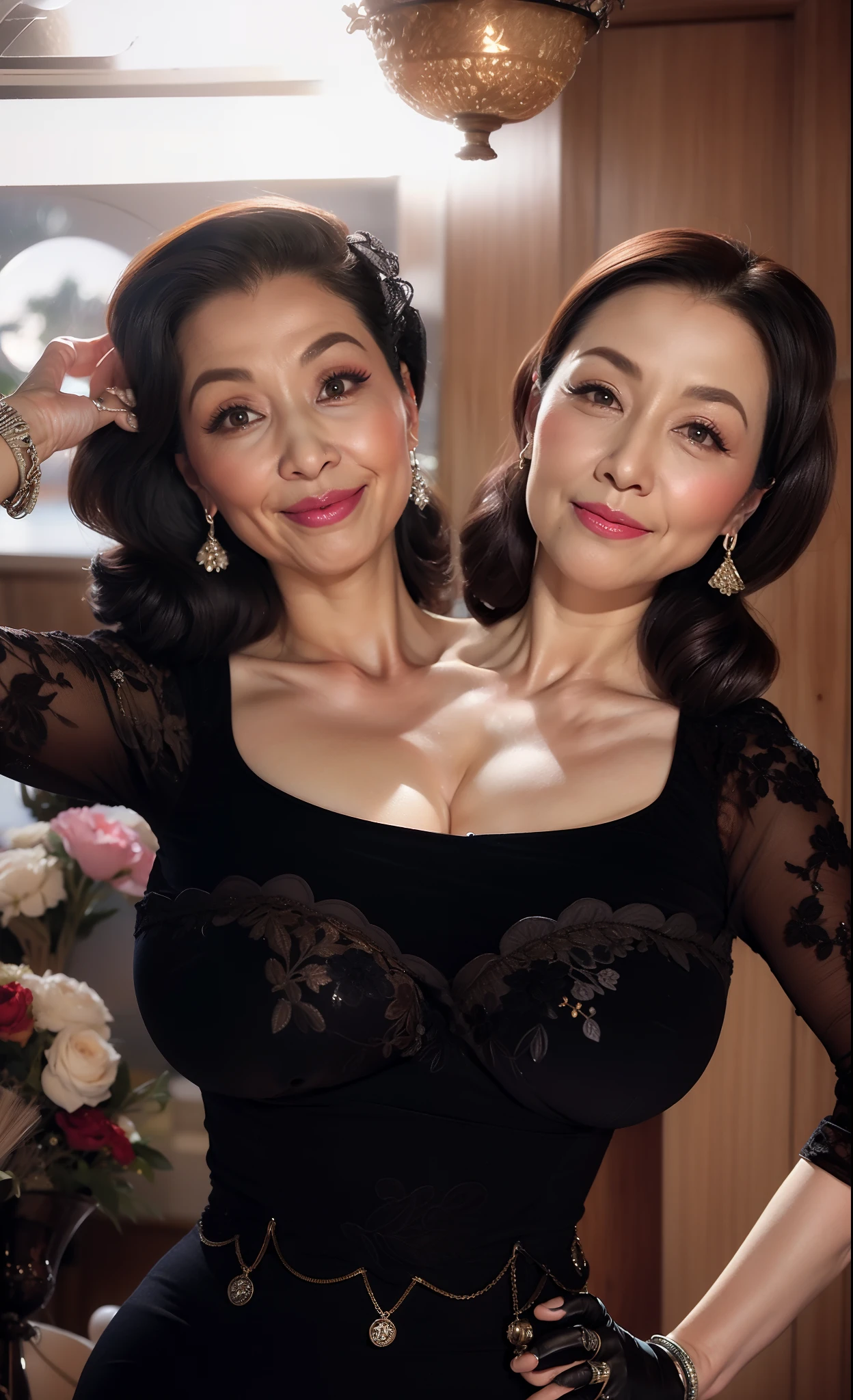 intaglio, from the  up, wrinkles, mast, Best Quality, Ultra-detailed, Photorealistic, super detailed skin, Perfect , (1 Japan mature woman), (Solo), 75 years old, , Mature Female Politician, carismatic, A , Chromo-white skin, view the viewer, Middle-aged woman,(No cleavage),upper limbs, makeup, (lip stick: 1.1), (eye line: 1.2), mascara, eyeshadows, Wavy Hair, Room, Outdoors, earrings, Necklace,  see-through shiny sleeveless dress, Black pantyhose, Wrinkles at the corners of the eyes, Wrinkles in the mouth, Sitting in a coffee shop,