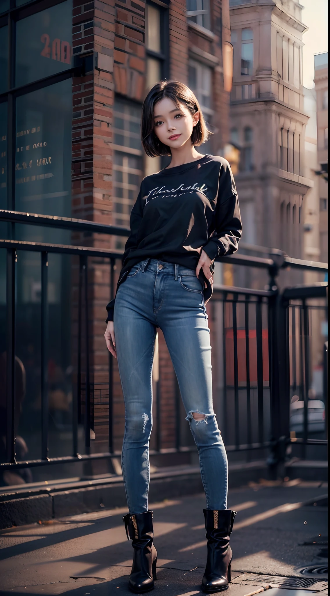 Sunnyday, ((Black skinny long jeans)), ((Sweatshirt)), A city scape, (NSFW), 1womanl, Solo, 24 year old, 7headed body, (cute  face), (Ideal ratio body proportions), (Composition from head to thigh), Smiling smile, erectile nipple, Sexy body, Wet, short-hair, Dark hair, small tits, A slender, Small buttocks, beauty legs, Skinny Legs, surrealism, Cinematic lighting, depth of fields, One-person viewpoint, F/1.8, 135 mm, nffsw, masutepiece, ccurate, ((Anatomically correct)), Textured skin, Super Detail, high details, High quality, awardwinning, Best Quality, hight resolution, 8K
