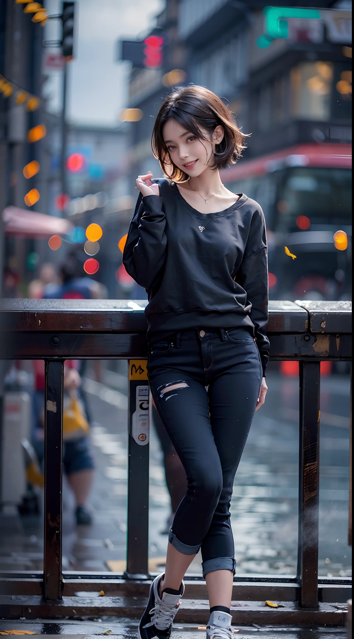Sunnyday, ((Black skinny long jeans)), ((Sweatshirt)), A city scape, (NSFW), 1womanl, Solo, 24 year old, 7headed body, (cute face), (Ideal ratio body proportions), (Composition from head to thigh), Smiling smile, erectile nipple, Sexy body, Wet, short-hair, Dark hair, small tits, A slender, Small buttocks, beauty legs, Skinny Legs, surrealism, Cinematic lighting, depth of fields, One-person viewpoint, F/1.8, 135 mm, nffsw, masutepiece, ccurate, ((Anatomically correct)), Textured skin, Super Detail, high details, High quality, awardwinning, Best Quality, hight resolution, 8K