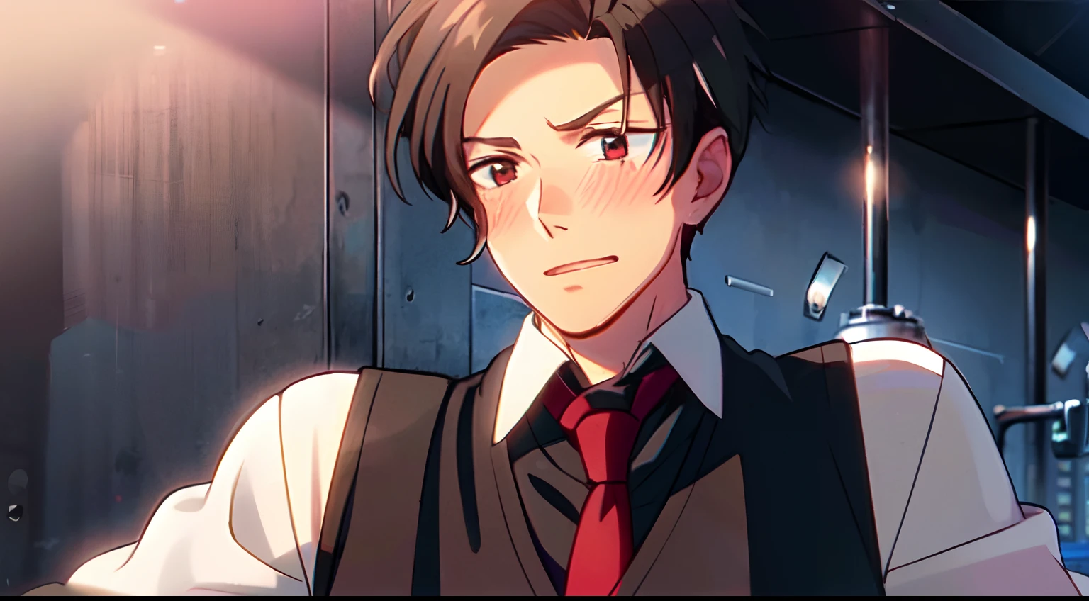 masterpiece, 1Man, luci\(obeyme\), red eyes, black hair, scenery, morning, luci\(everyday\), black shirt, (red vest), red necktie, blush