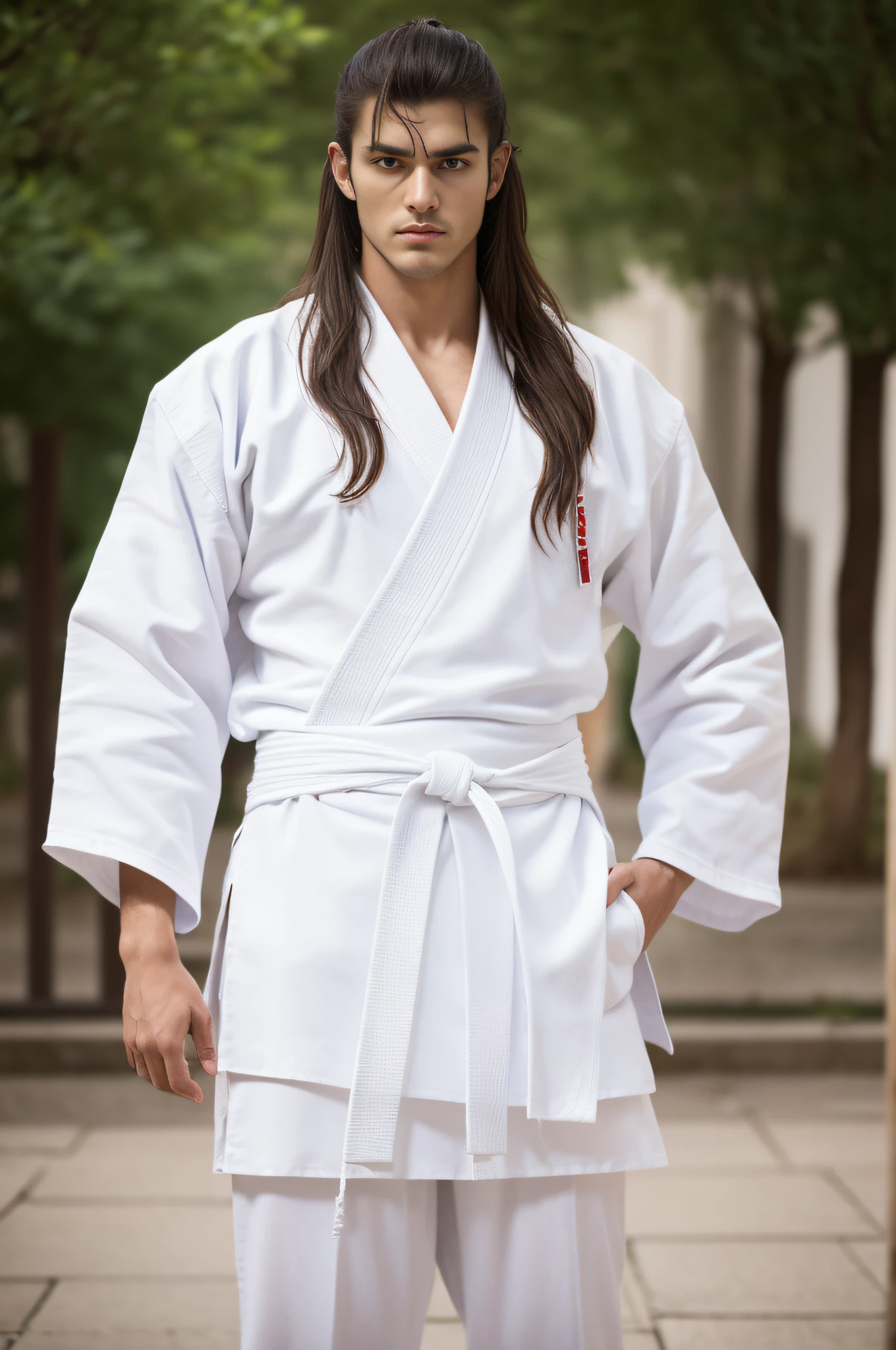 a picture, 8K Full Body Portrait of Handsome Man, 20yr old, big muscle, A warrior, Disheveled Long Hair, Tall, bare-legged, White karate uniform, White karate obi, White karate pants, A keen gaze that looks straight at the viewer