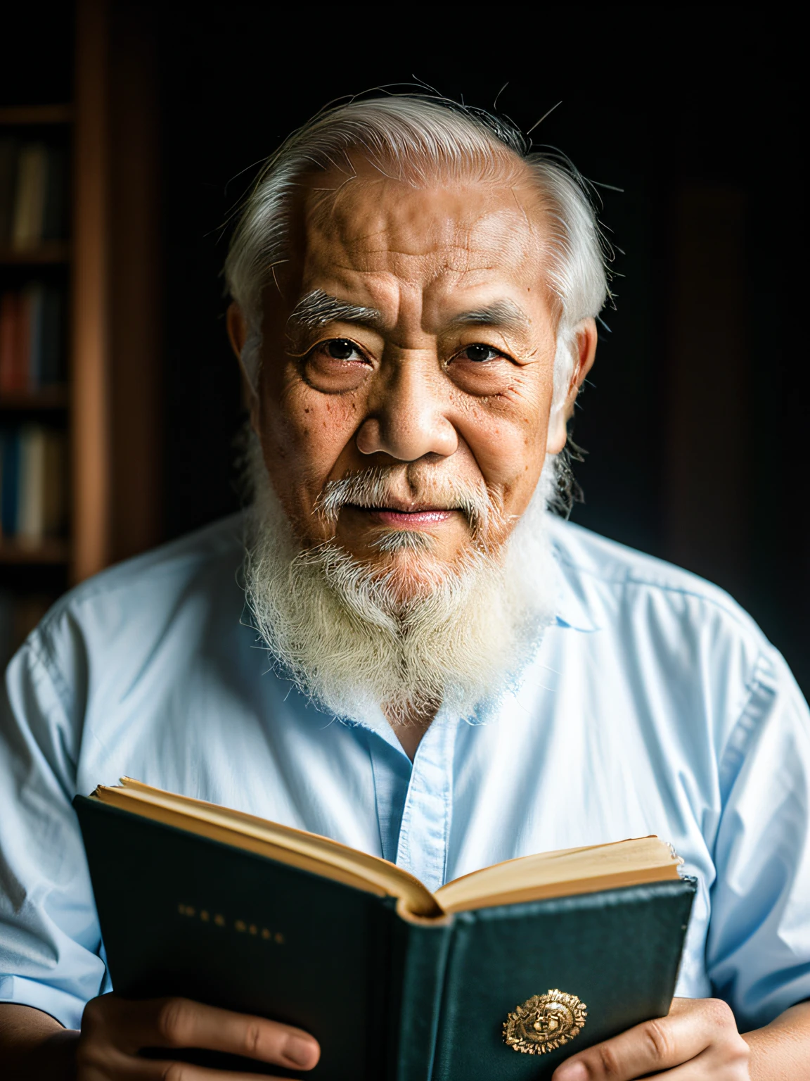 Hyper-Resolution, Ultra photo realsisim, cinema shot, An 80-year-old Asian father,Look at the viewer,Elderly father,Books in hand,Spiritual old man,Single image, Short white hair,White Viking beard, Wide shoulders, High focal length, Bust photo,Faraway view,Digital SLR, Dark Studio, rim lit, twotonelighting, Dimly lit, low tune, Backlight,