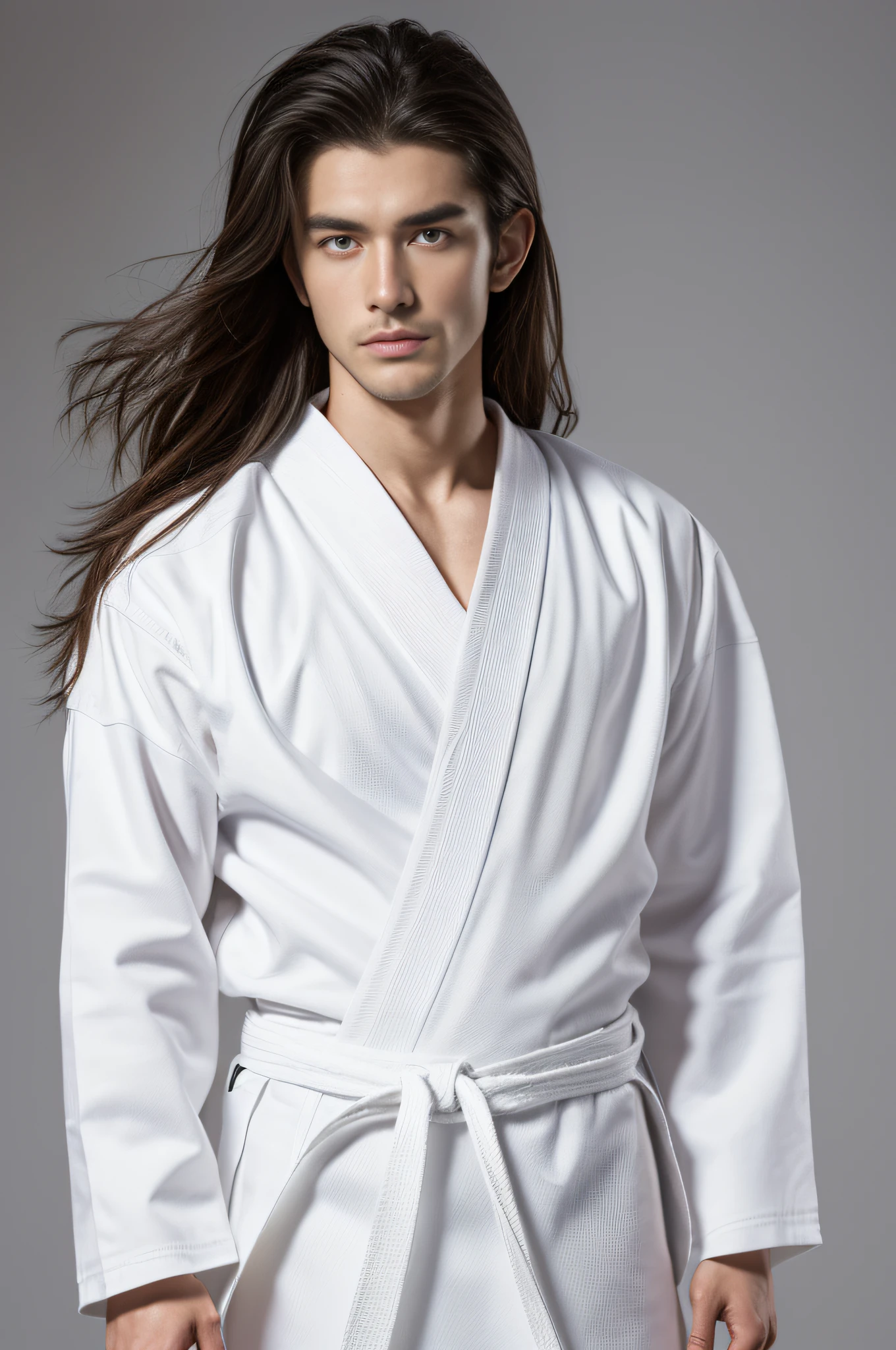 a picture, 8K Full Body Portrait of Handsome Man, 20yr old, big muscle, A warrior, Disheveled Long Hair, Tall, bare-legged, White karate uniform, White karate obi, White karate pants, A keen gaze that looks straight at the viewer